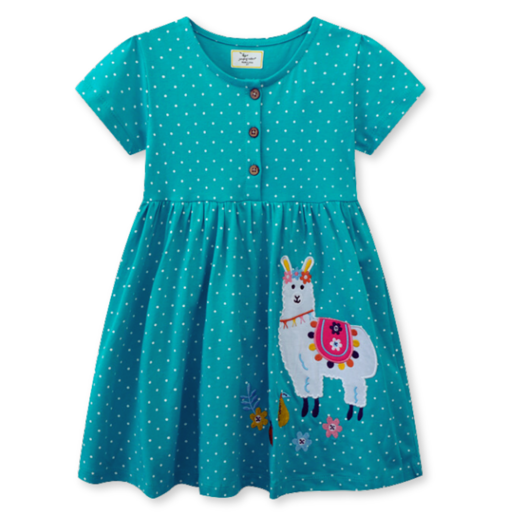 VESTIDO NIÑA JUMP KIDS AZUL MANGA CORTA ESTAMPADO ALPACA DIVERTIDA - 1