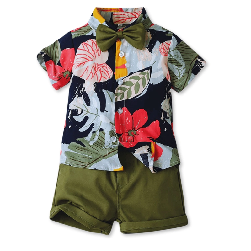 CONJUNTO DE VESTIR HAWAIANO MANGA CORTA NIÑO 1 A 5 AÑOS VERDE FLORAL HAWAIANO - 1