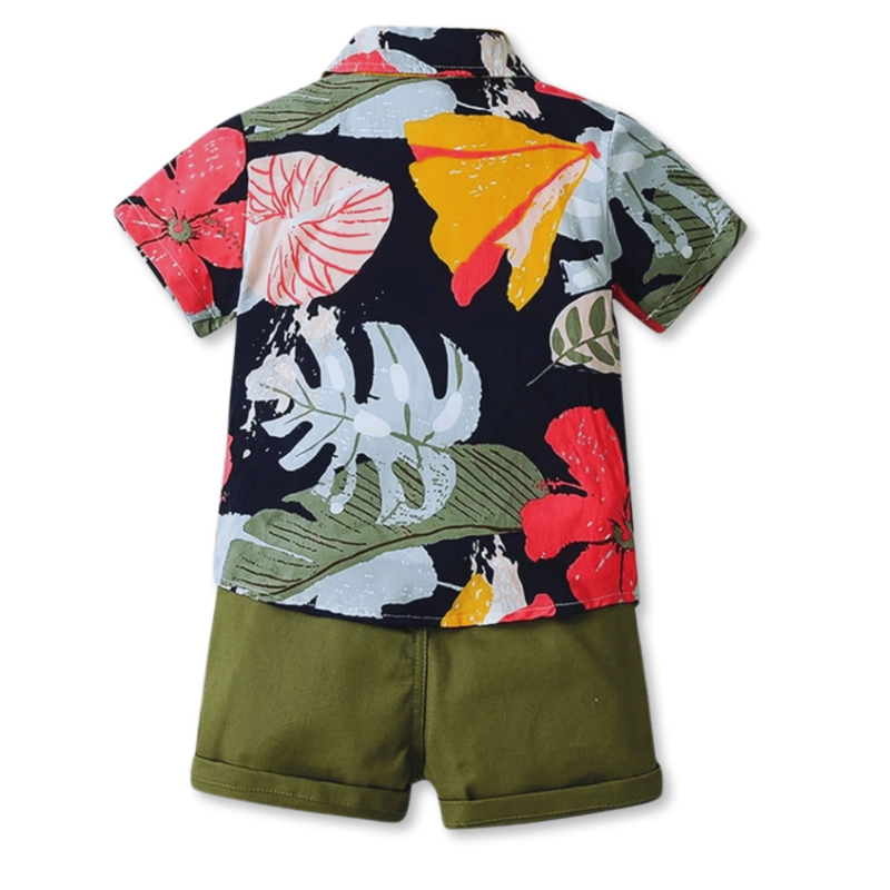 CONJUNTO DE VESTIR HAWAIANO MANGA CORTA NIÑO 1 A 5 AÑOS VERDE FLORAL HAWAIANO - 2