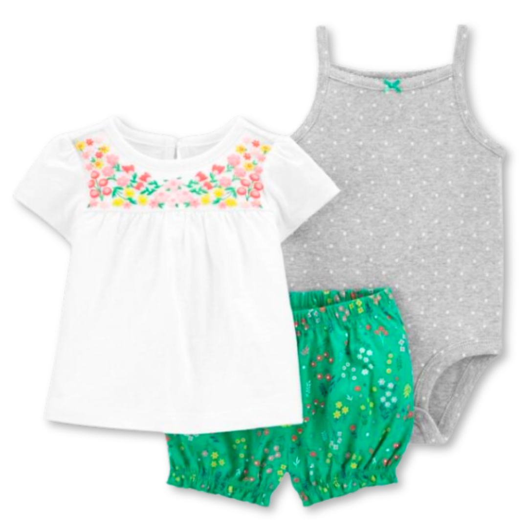SET 3 PIEZAS CONJUNTO CON BODY SIN MANGAS ESTAMPADO BEBÉ NIÑA 6 A 24 MESES FLORAL PRINT - 1