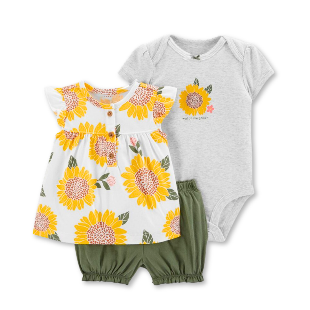 SET 3 PIEZAS CONJUNTO CON BODY SIN MANGAS ESTAMPADO BEBÉ NIÑA 6 A 24 MESES SUNFLOWER PRINT - 1