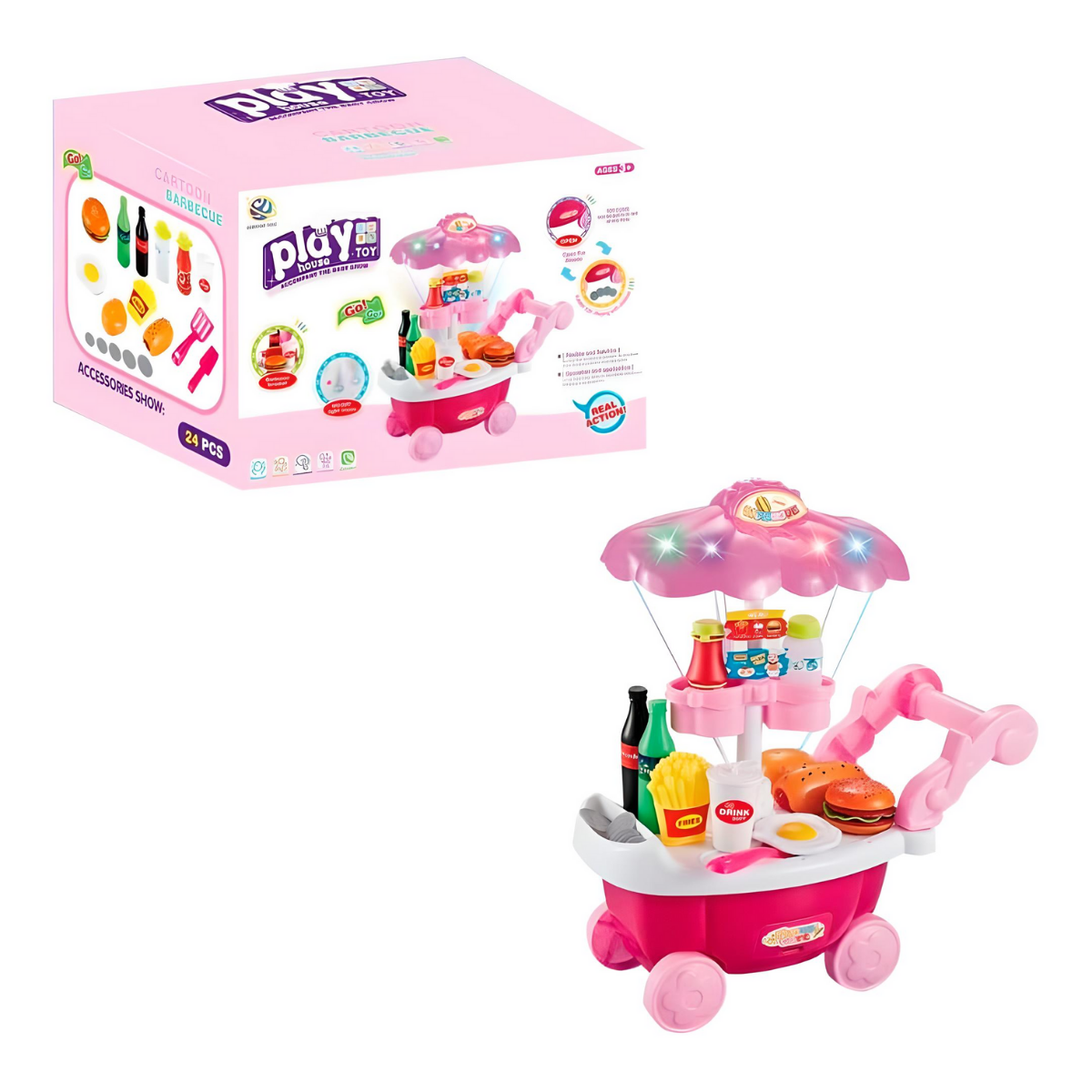 CARRITO DE COMIDA JUMP KIDS ROSA CON ACCESORIOS Y LUCES PARA NIÑA - 2