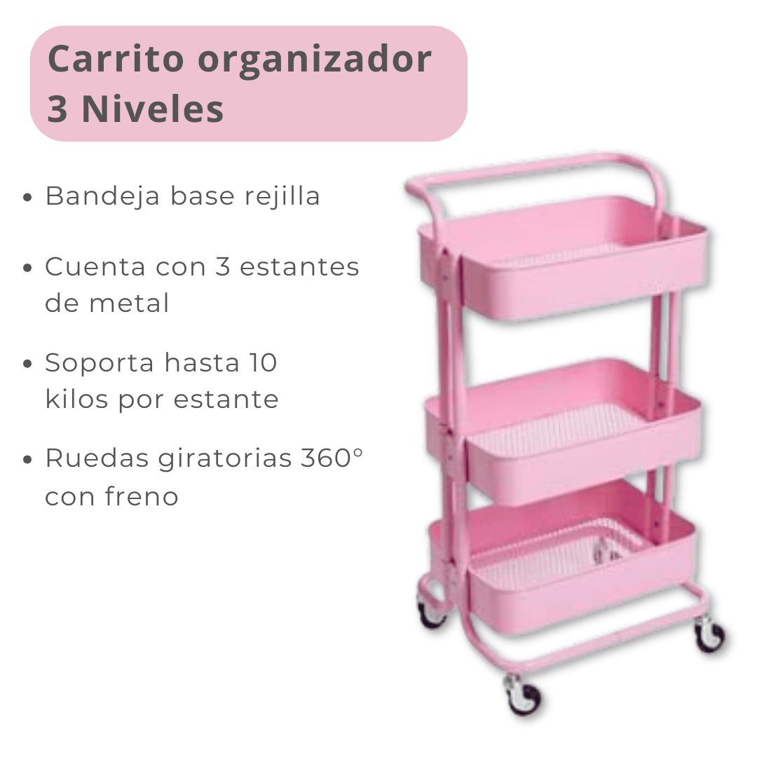 CARRITO ALMACENAMIENTO LINE NL-9109 ORGANIZADOR 3 NIVELES CON RUEDAS ROSA - 4