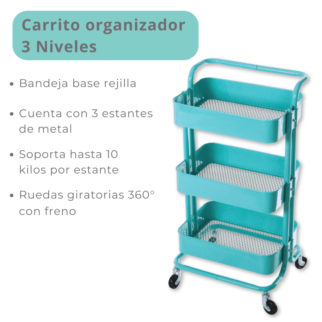 CARRITO ALMACENAMIENTO LINE NL-9109 ORGANIZADOR 3 NIVELES CON RUEDAS TURQUESA - 4