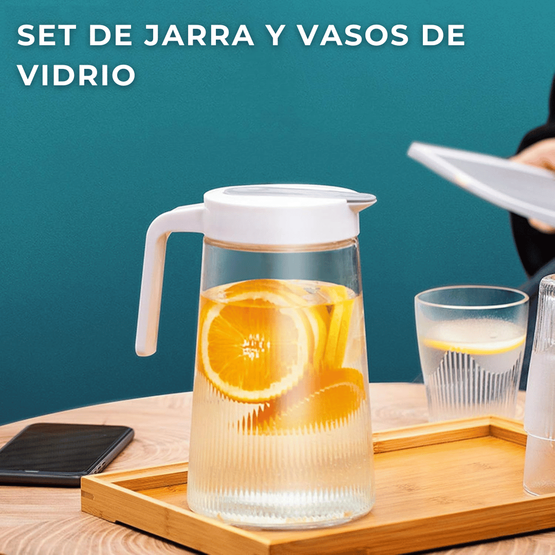 SET DE JARRA DE VIDRIO 4 TAZAS TAPA DE TIPO PUSH 1300 ML - 10