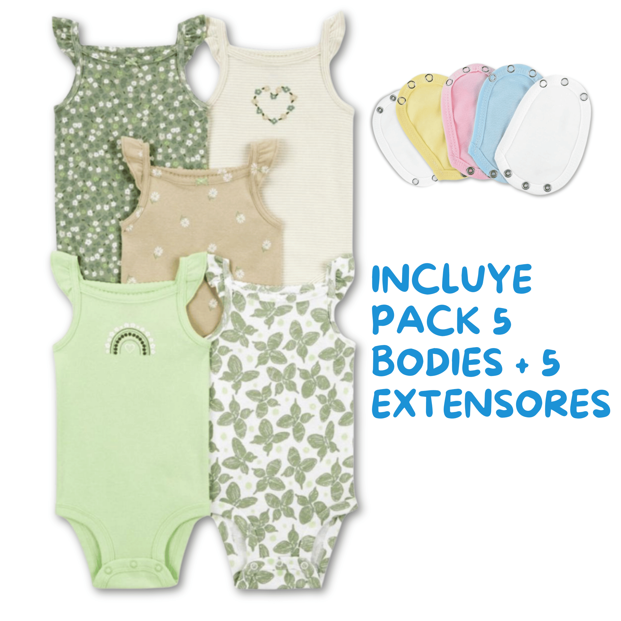 PACK 5 EXTENSOR BODY BEBÉ ALGODÓN NIÑA TEDMIMAK VERDE + PACK 5 BODYS SIN MANGAS MARIPOSAS - 2