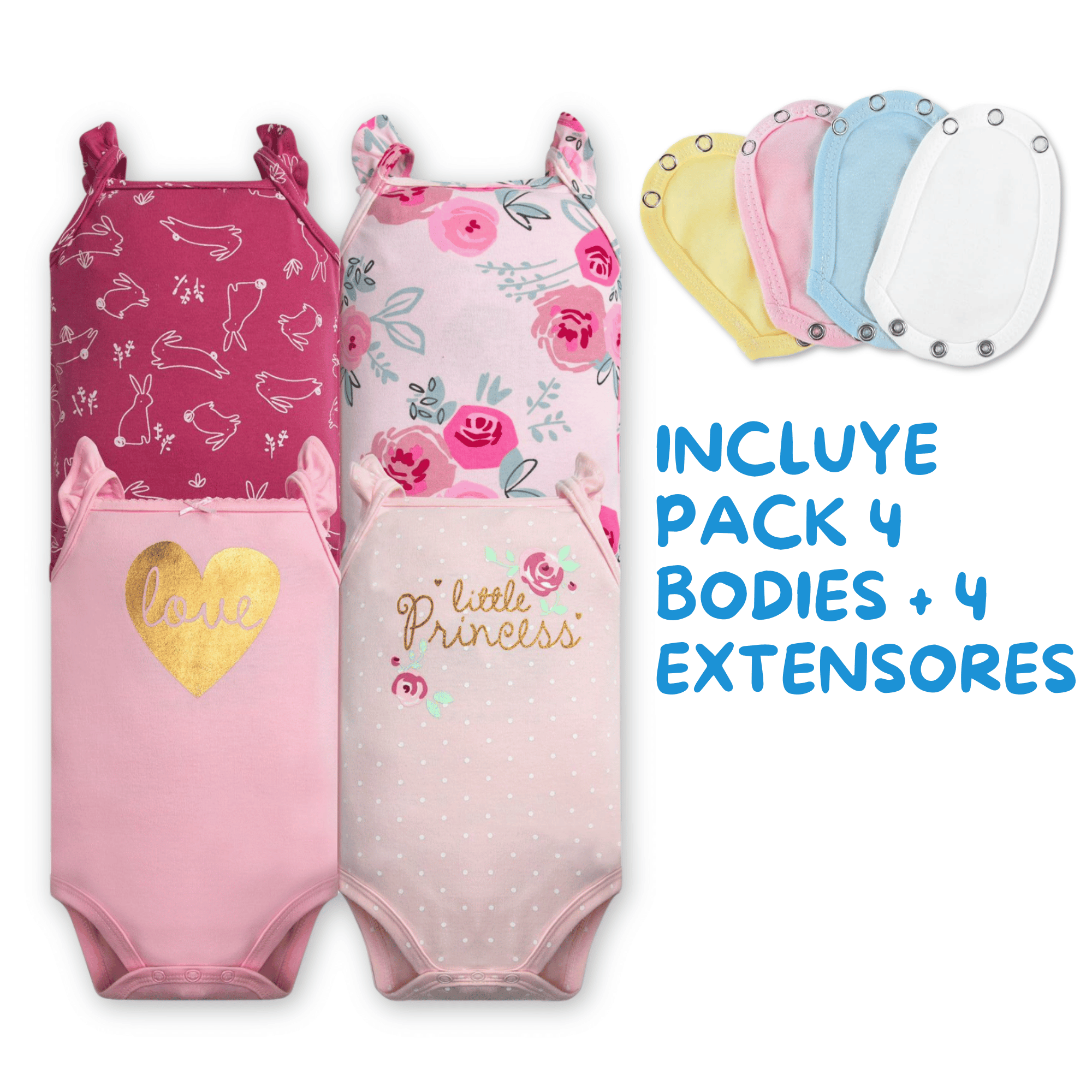 PACK 4 EXTENSOR BODY BEBÉ ALGODÓN NIÑA TEDMIMAK + PACK 4 BODYS MANGA CORTA ROSA LITTLE PRINCESS - 2