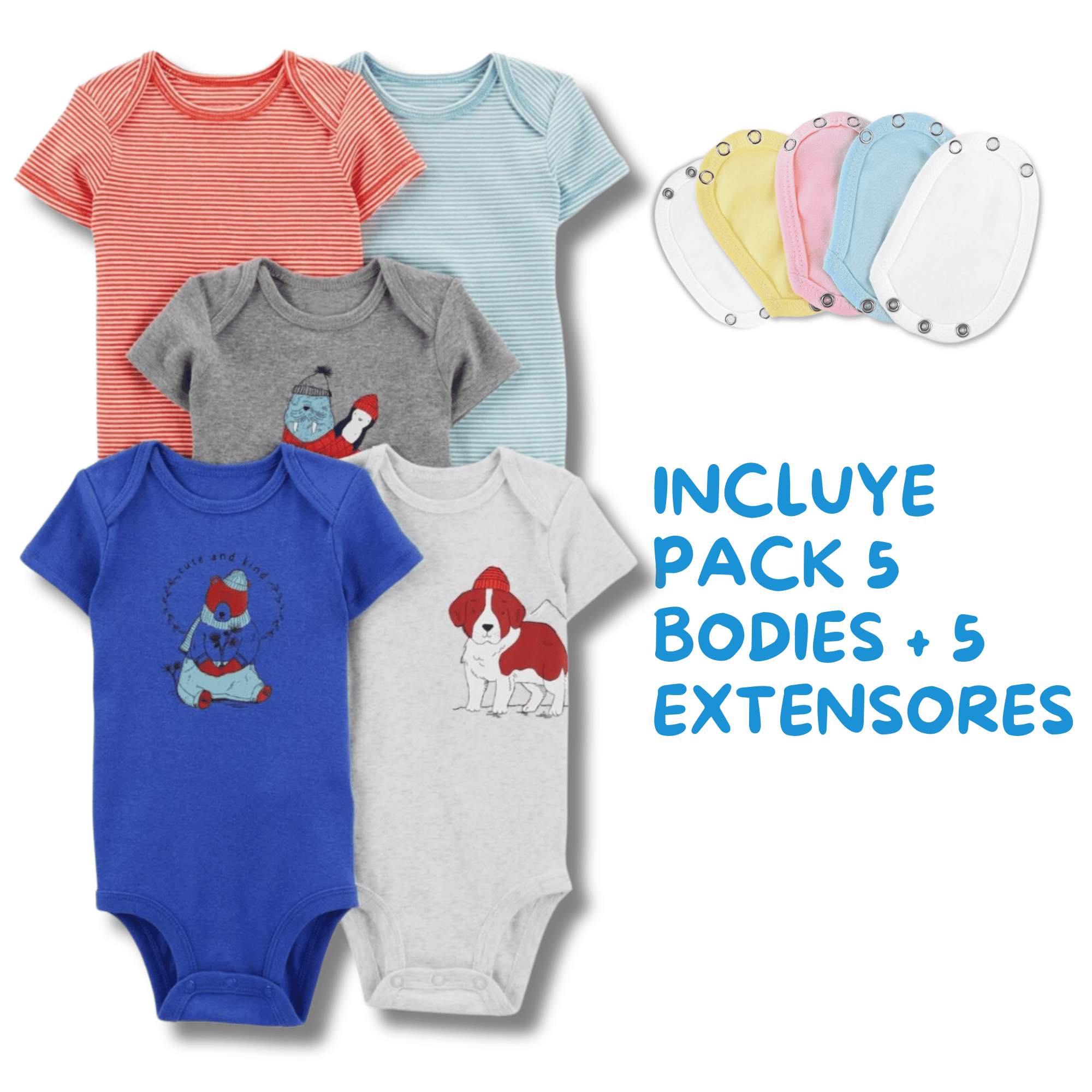 PACK 5 EXTENSOR BODY BEBÉ ALGODÓN NIÑO UTILÍSIMO AZUL + PACK 5 BODYS MANGA CORTA PERRO - 2