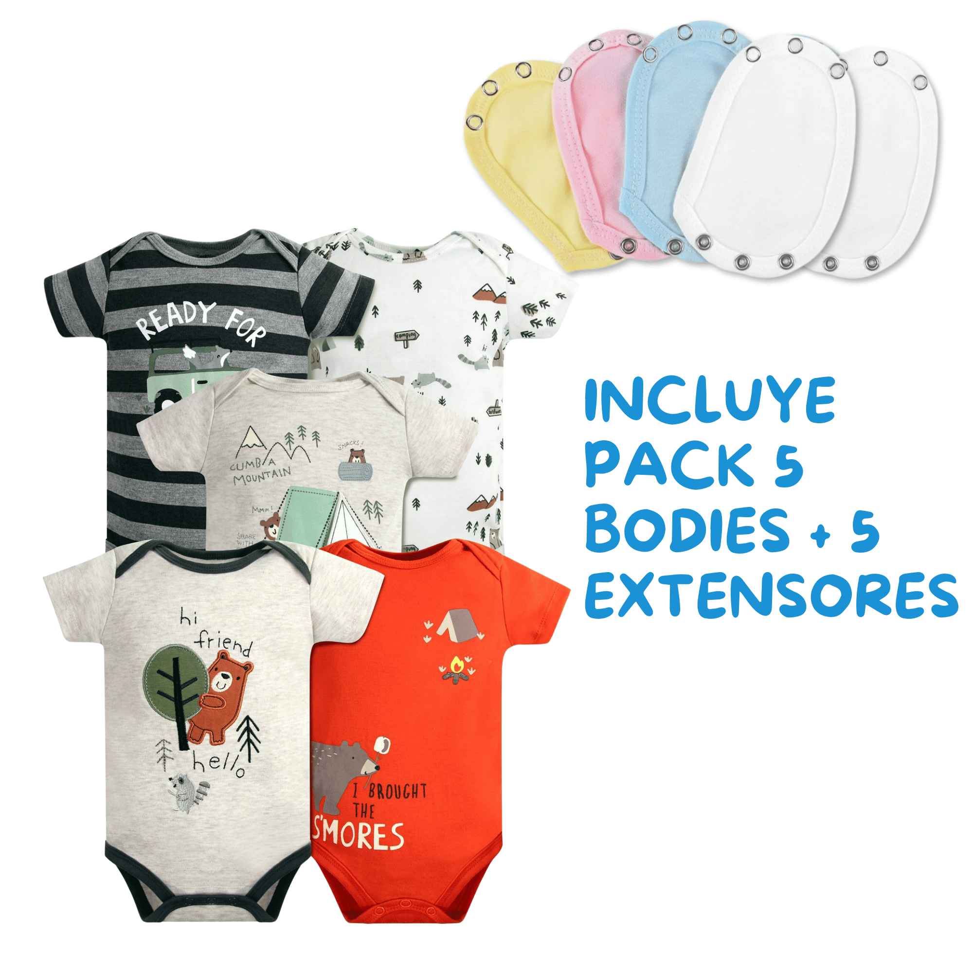 PACK 5 EXTENSOR BODY BEBÉ ALGODÓN NIÑO TEDMIMAK + PACK 5 BODYS MANGA CORTA OSO AMISTOSO - 2