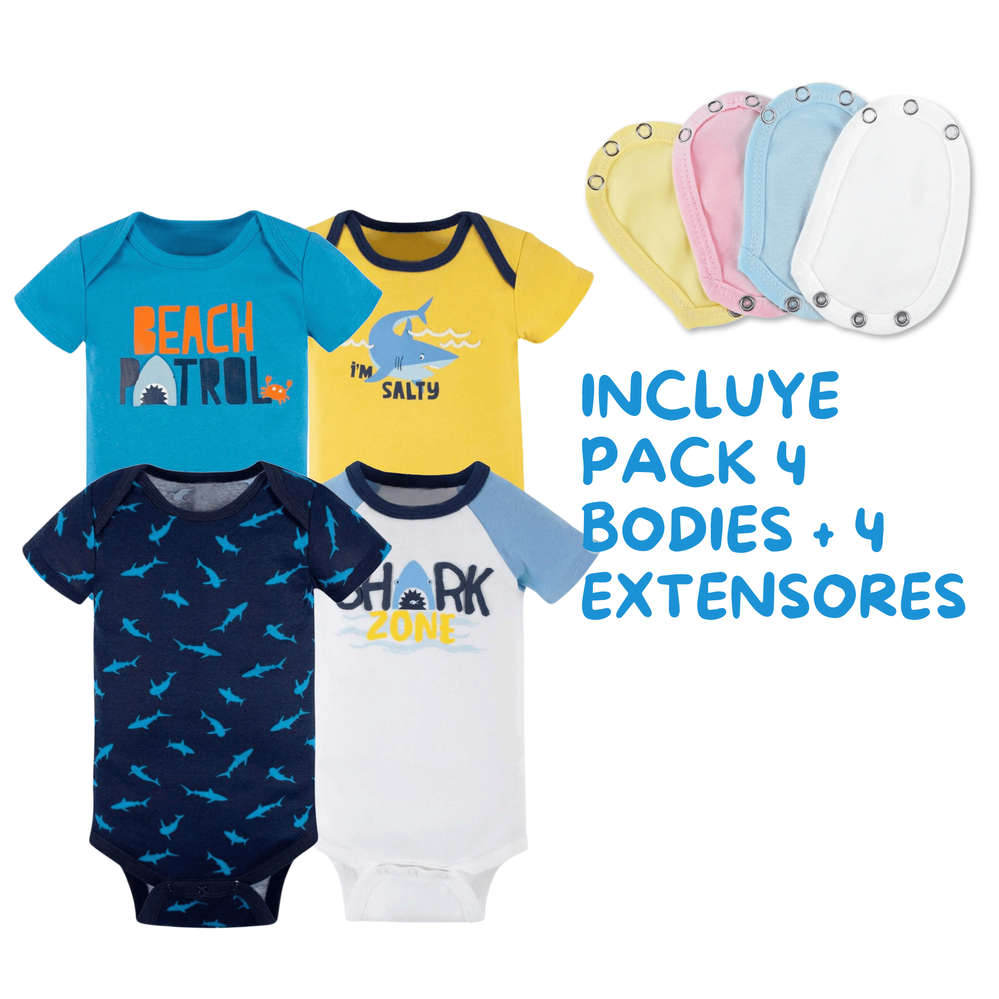 PACK 4 EXTENSOR BODY BEBÉ ALGODÓN NIÑO TEDMIMAK AZUL + PACK 4 BODYS MANGA CORTA TIBURÓN - 2
