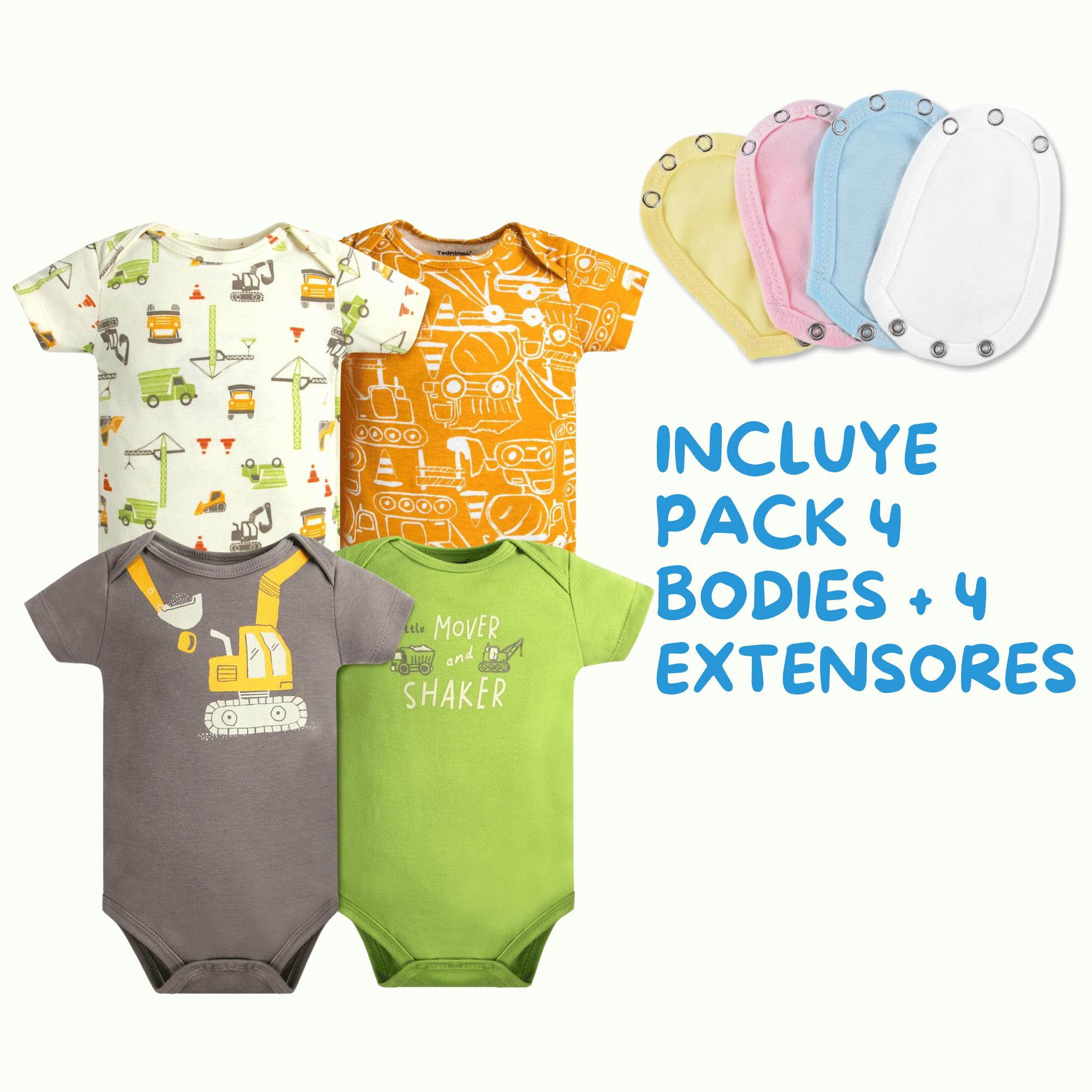PACK 4 EXTENSOR BODY BEBÉ ALGODÓN NIÑO TEDMIMAK + PACK 4 BODYS MANGA CORTA ESTAMPADO TRANSPORTE - 2