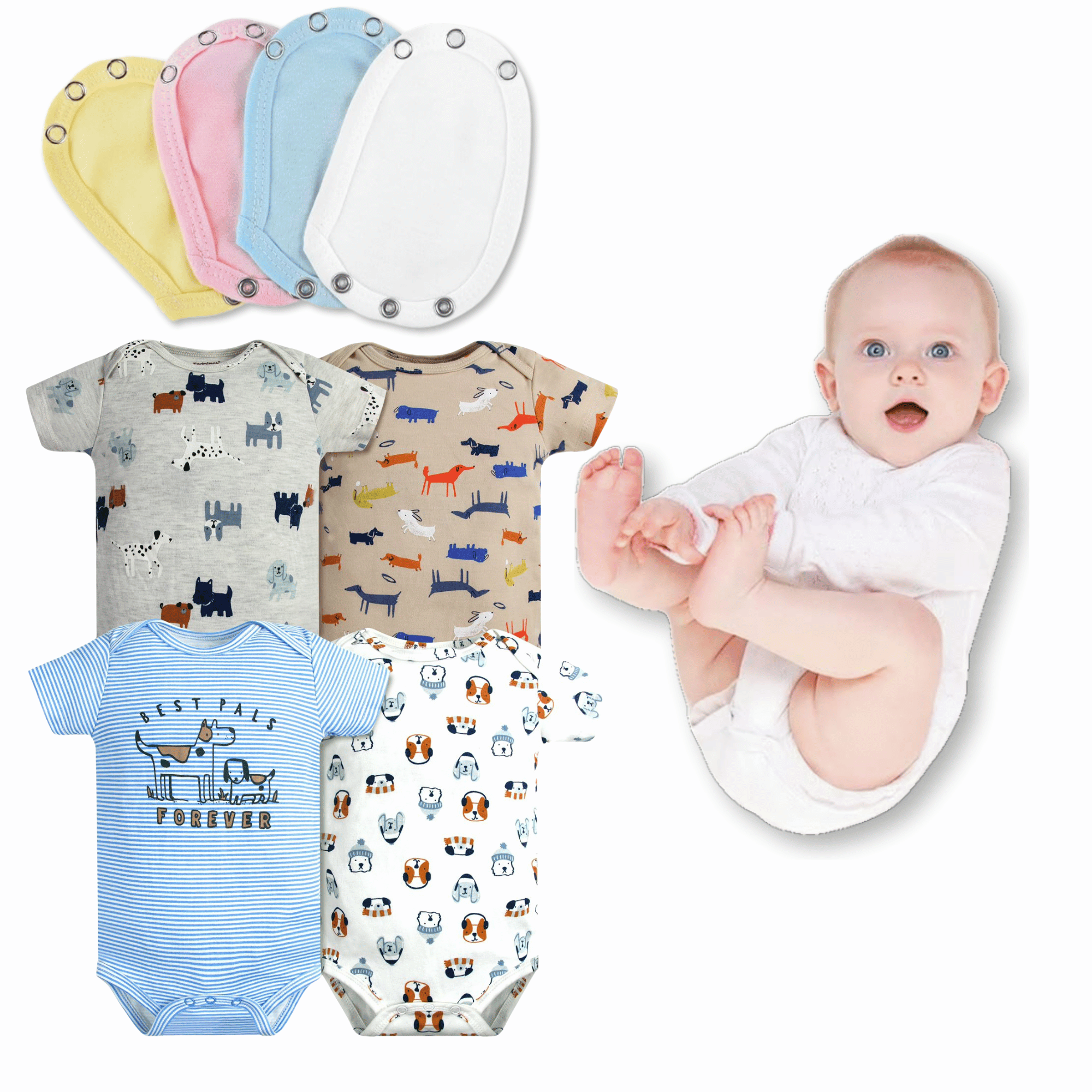 PACK 4 EXTENSOR BODY BEBÉ ALGODÓN NIÑO TEDMIMAK + PACK 4 BODYS MANGA CORTA CACHORROS COLORIDOS - 1