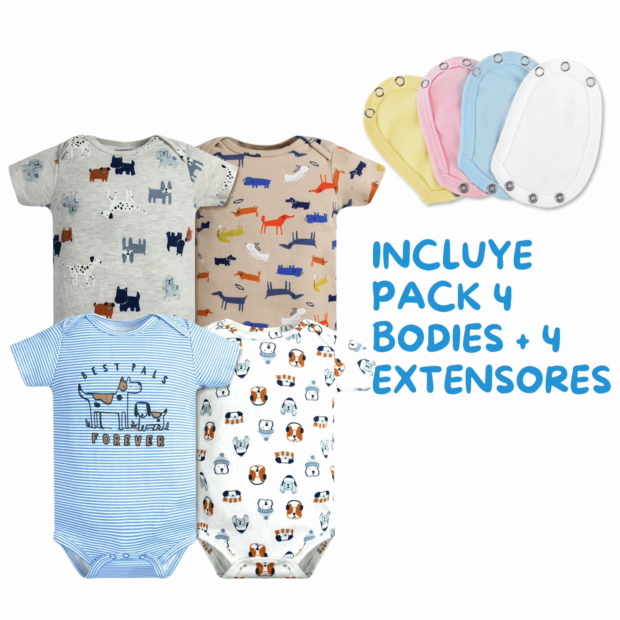 PACK 4 EXTENSOR BODY BEBÉ ALGODÓN NIÑO TEDMIMAK + PACK 4 BODYS MANGA CORTA CACHORROS COLORIDOS - 2