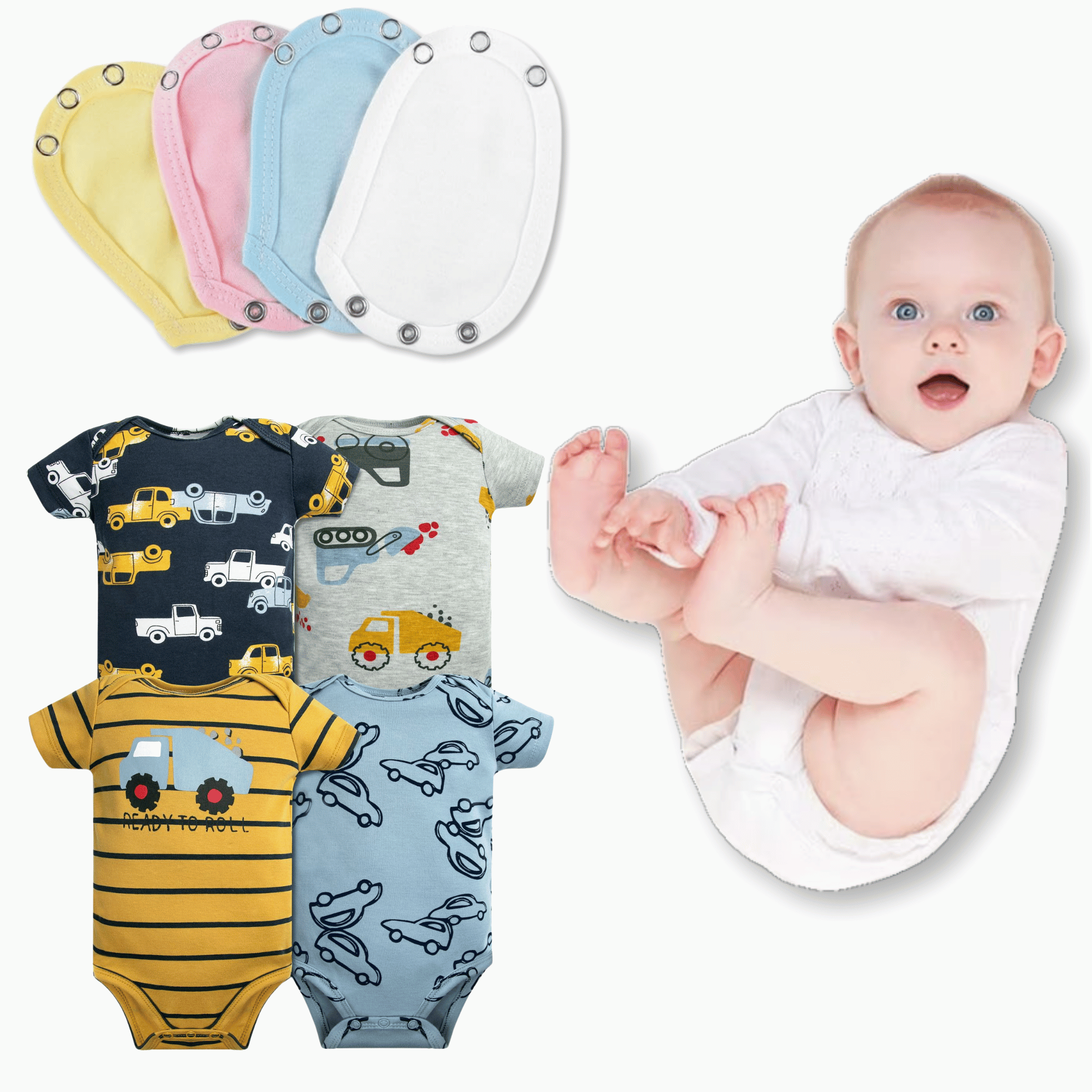 PACK 4 EXTENSOR BODY BEBÉ ALGODÓN NIÑO TEDMIMAK AMARILLO + PACK 4 BODYS MANGA CORTA AUTOS - 1