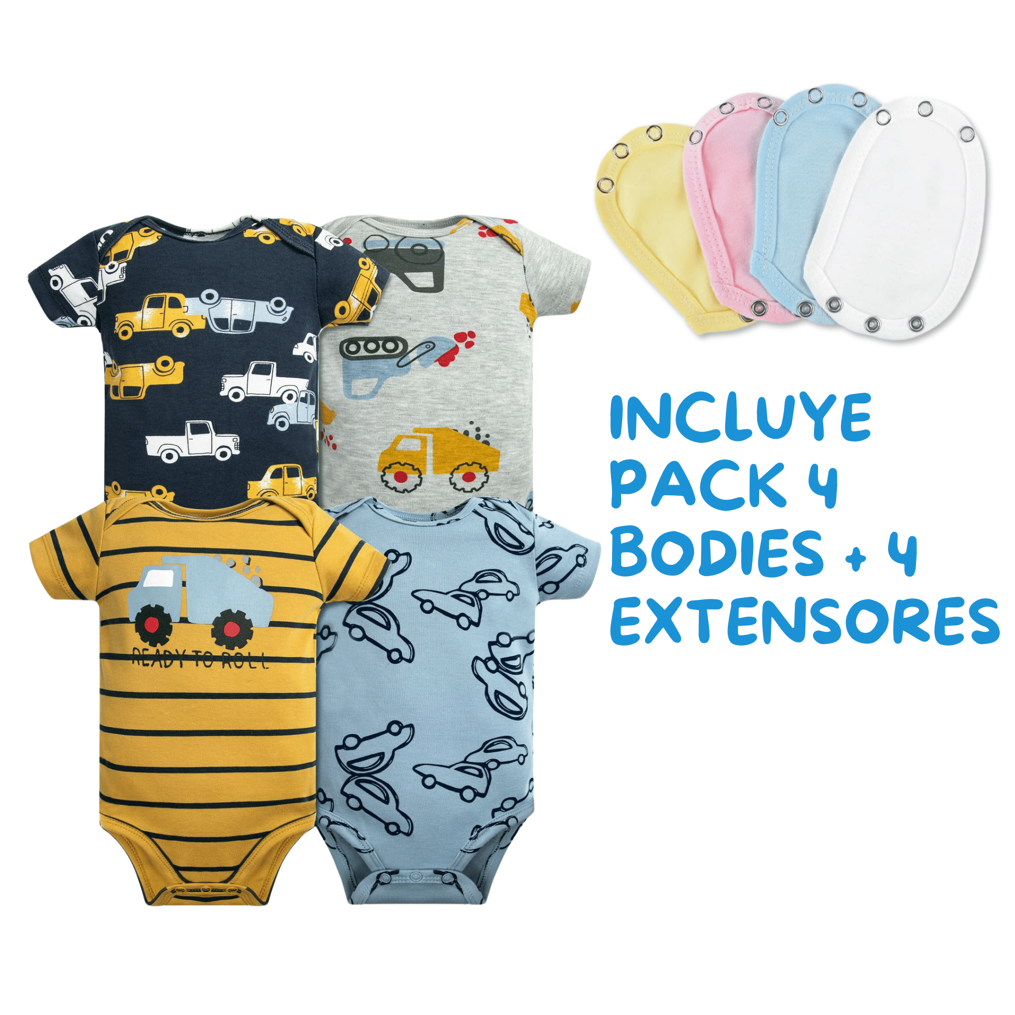 PACK 4 EXTENSOR BODY BEBÉ ALGODÓN NIÑO TEDMIMAK AMARILLO + PACK 4 BODYS MANGA CORTA AUTOS - 2