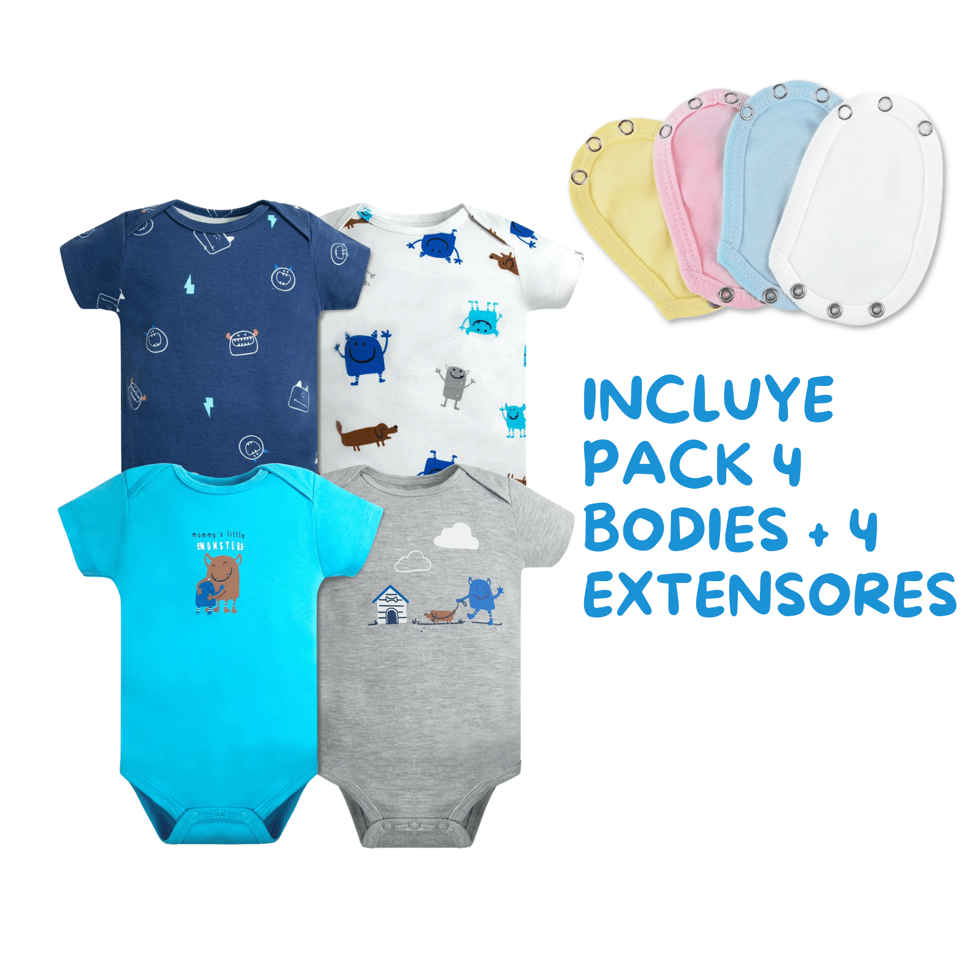 PACK 4 EXTENSOR BODY BEBÉ ALGODÓN NIÑO TEDMIMAK + PACK 4 BODYS MANGA CORTA MONSTER - 2