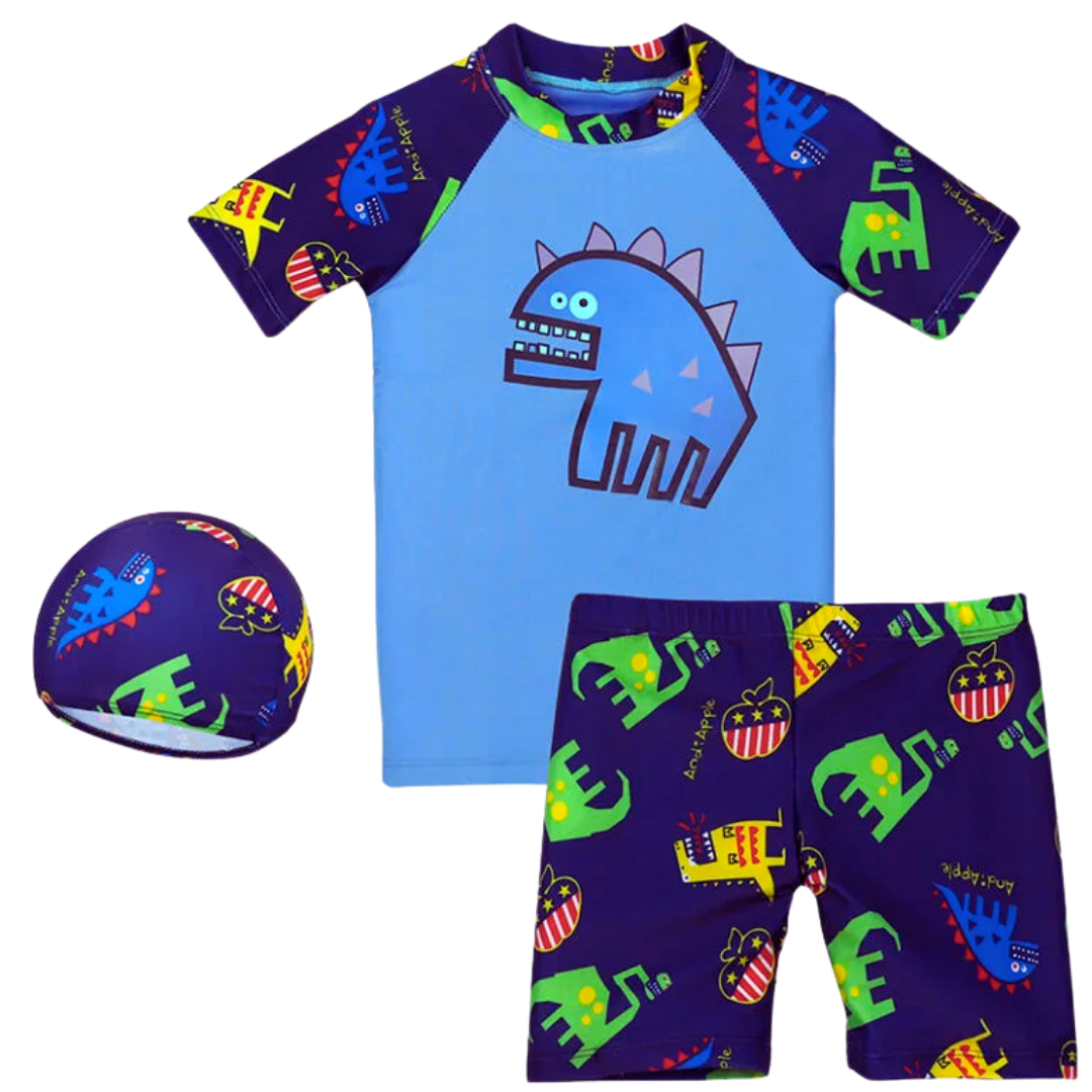 TRAJE BAÑO JUMP KIDS AZUL MARINO 3 PIEZAS MANGA CORTA DINOSAURIOS - 1