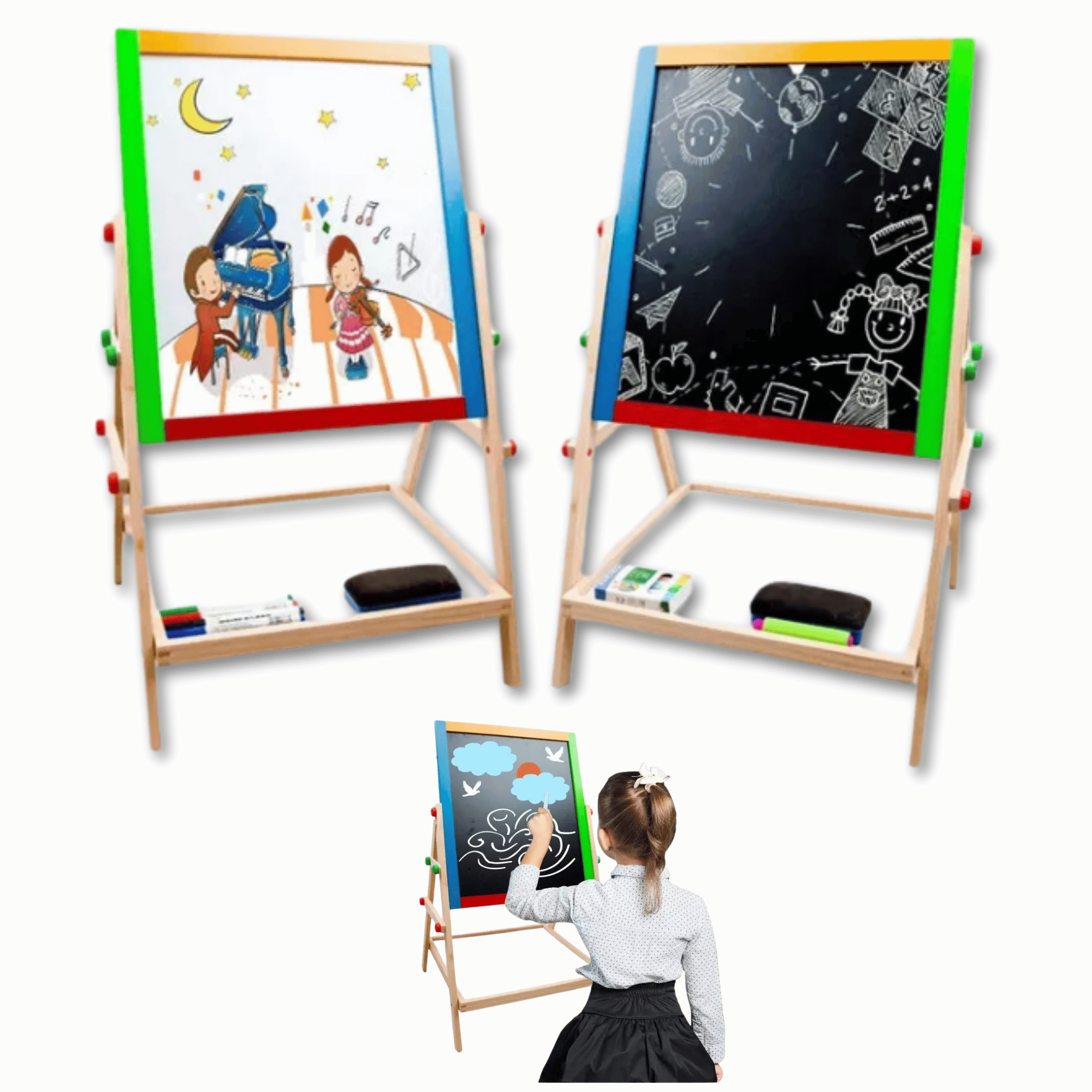 PIZARRA DOBLE CARA TIZA Y PLUMON ACRILICA MADERA MAGNETICA NIÑOS - 1