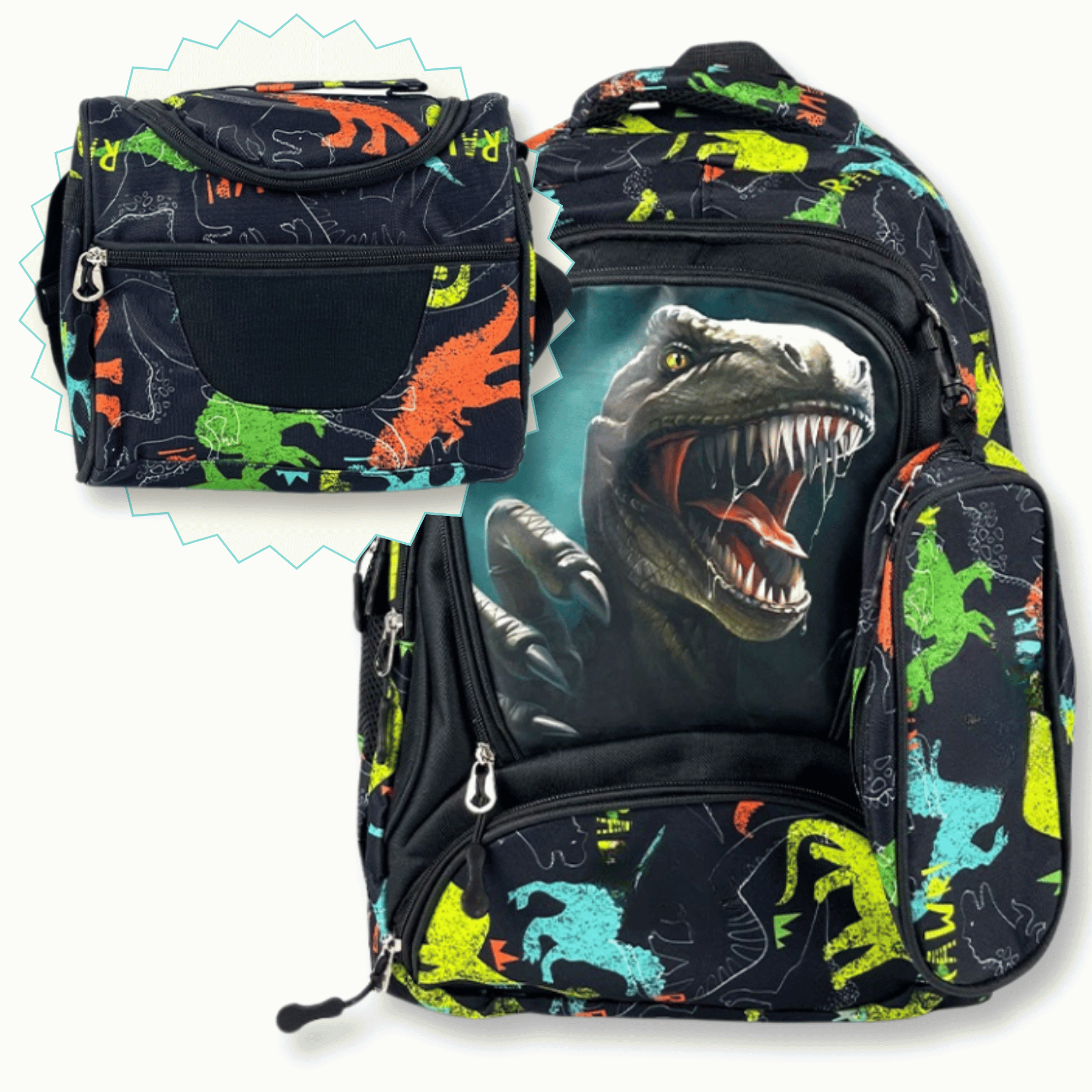 MOCHILA CON LONCHERA Y ESTUCHE 45CM ESCOLAR NIÑO GRAY DINOSAUR - 1