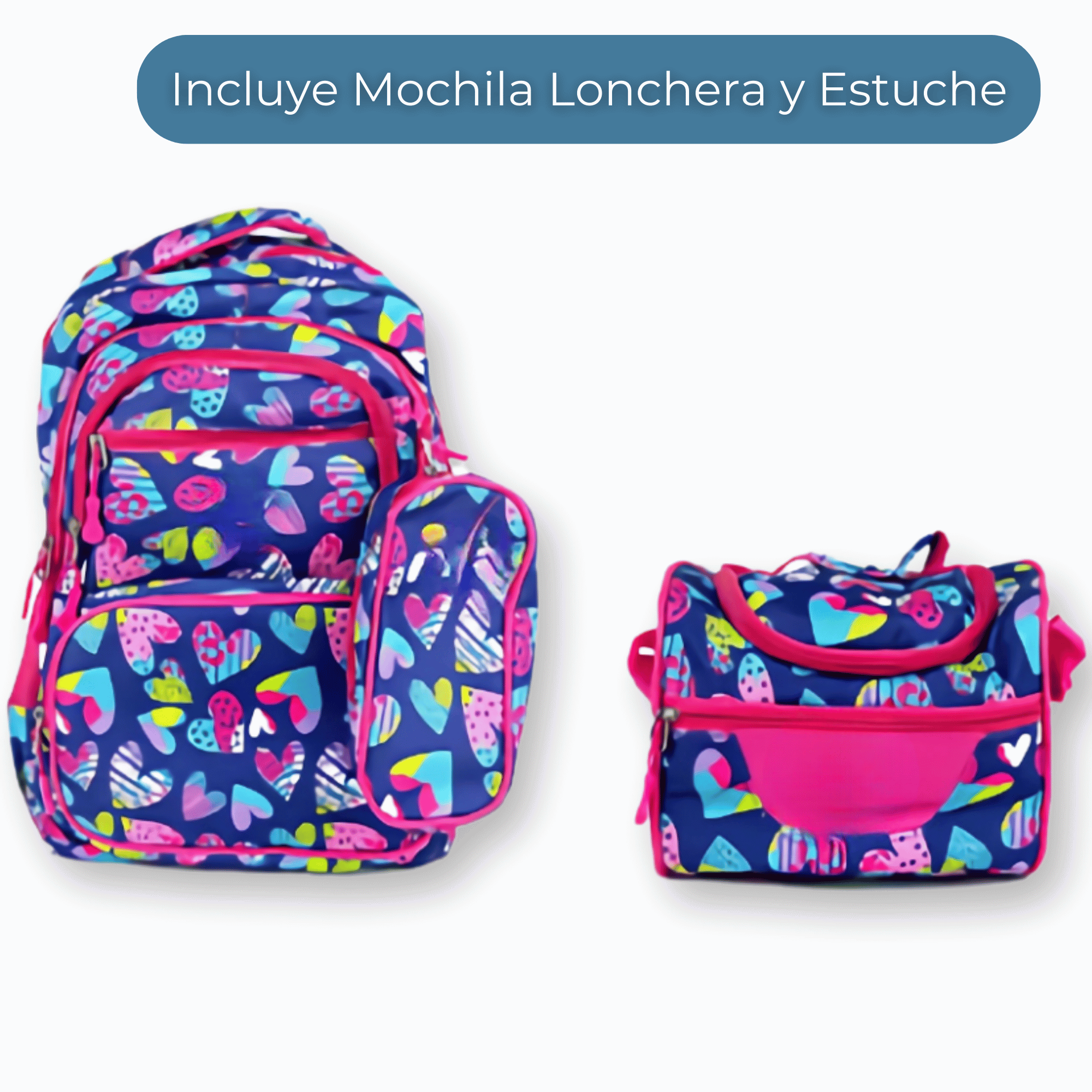 MOCHILA CON LONCHERA Y ESTUCHE 45CM DISEÑOS VARIADOS NIÑA FULL COLOR HEARTS - 3