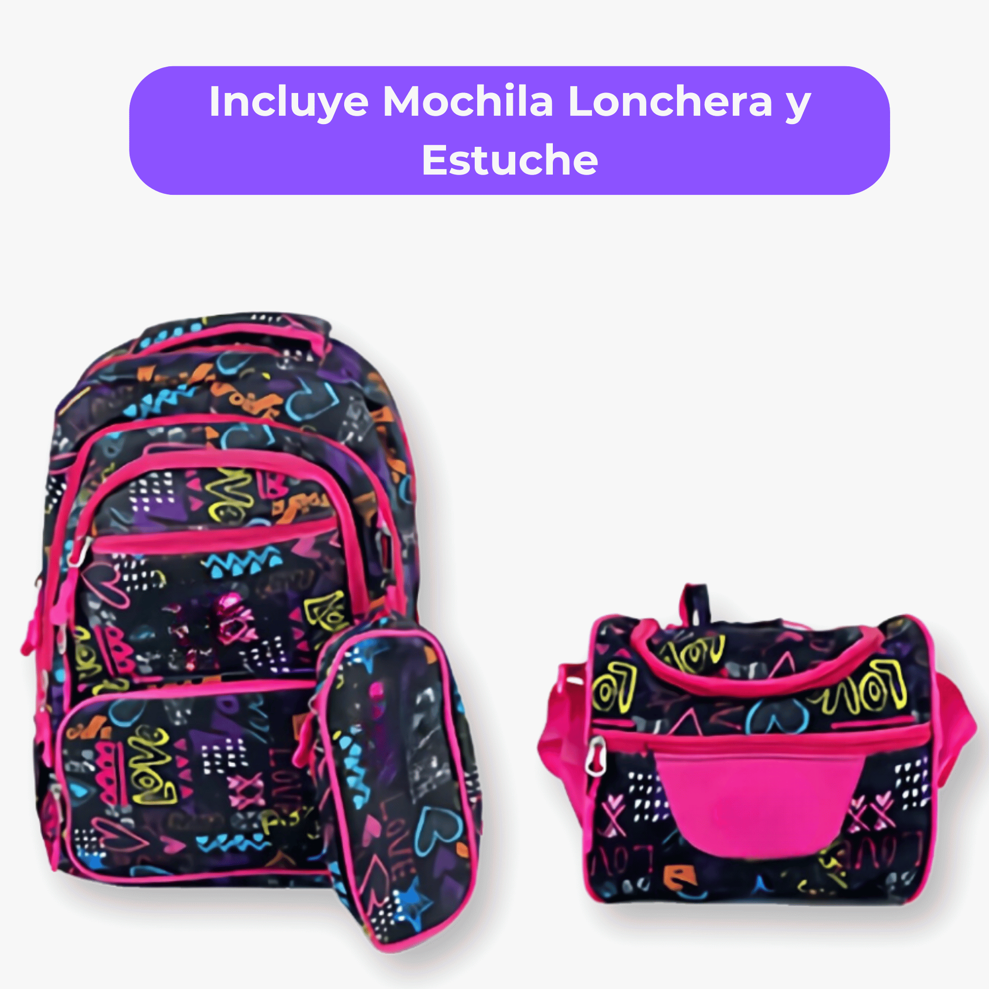 MOCHILA CON LONCHERA Y ESTUCHE 45CM DISEÑOS VARIADOS NIÑA LOVE - 3