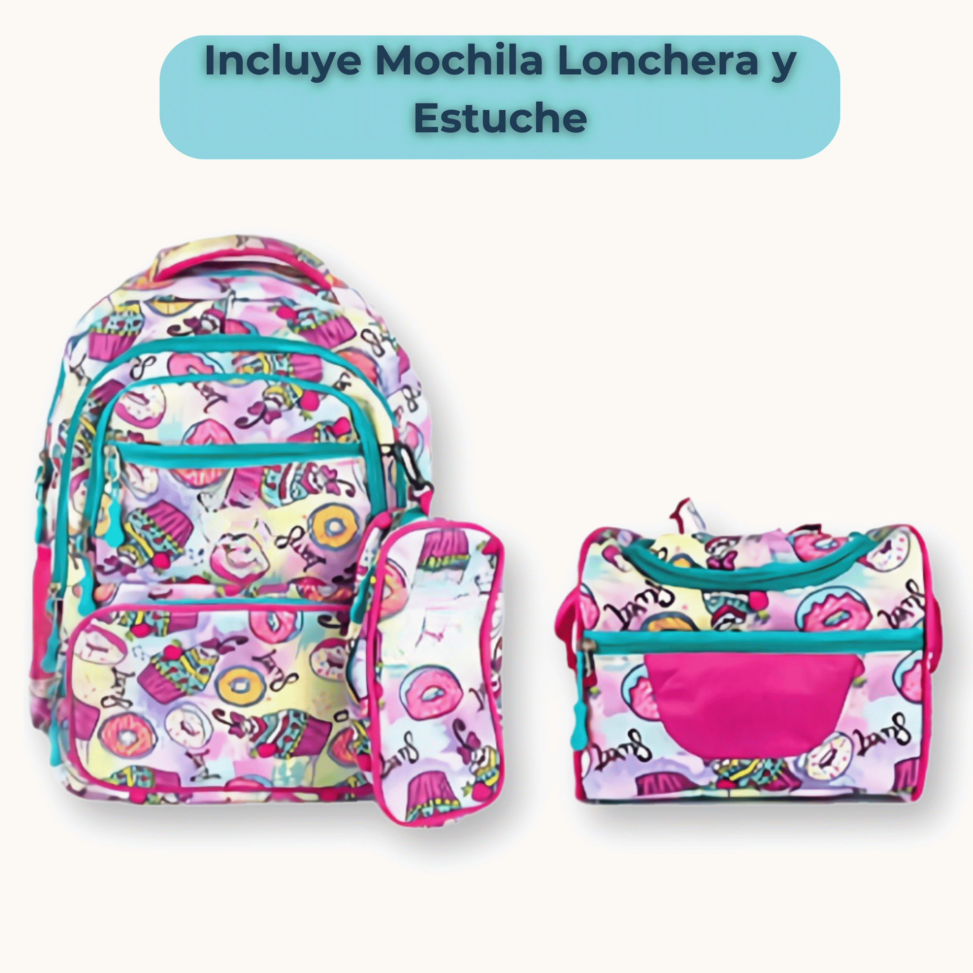 MOCHILA CON LONCHERA Y ESTUCHE 45CM DISEÑOS VARIADOS NIÑA DONUTS - 3