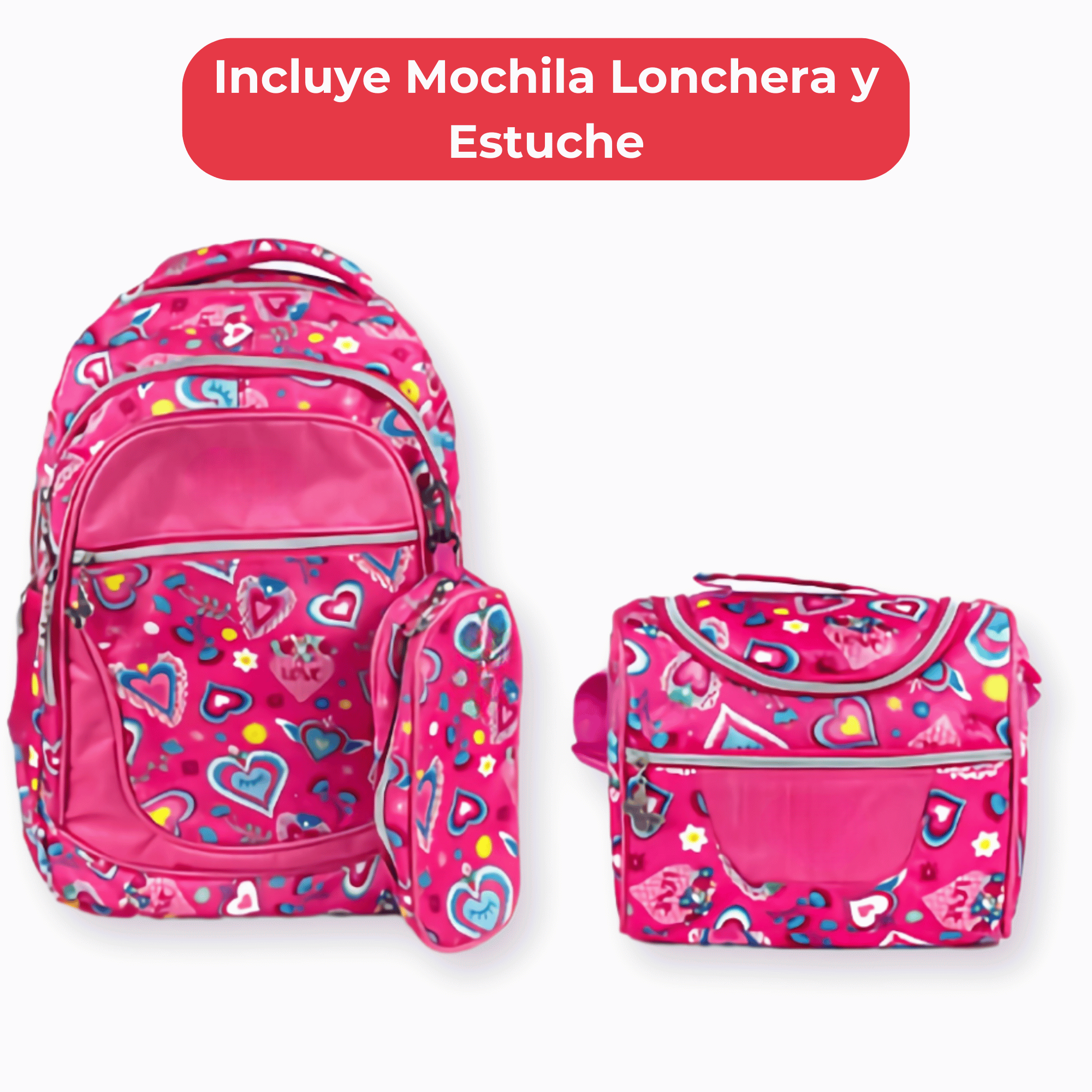MOCHILA CON LONCHERA Y ESTUCHE 45CM DISEÑO ESTAMPADO NIÑA INTENSE PINK HEARTS - 3