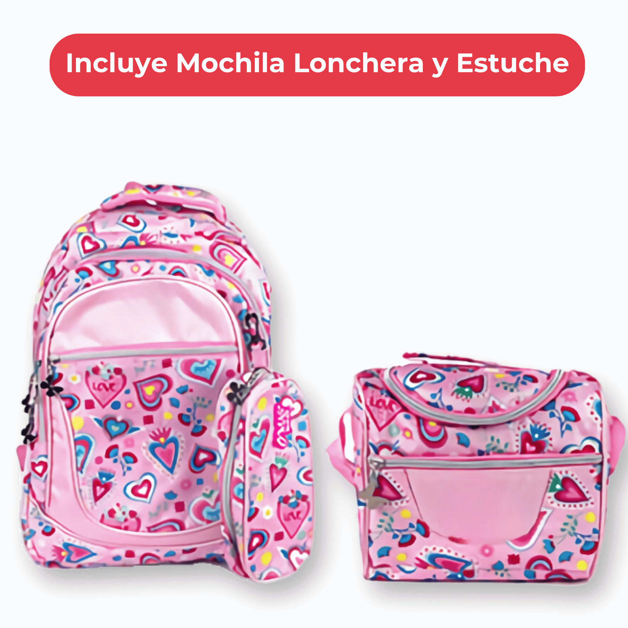 MOCHILA CON LONCHERA Y ESTUCHE 45CM DISEÑO ESTAMPADO NIÑA PINK HEARTS - 3