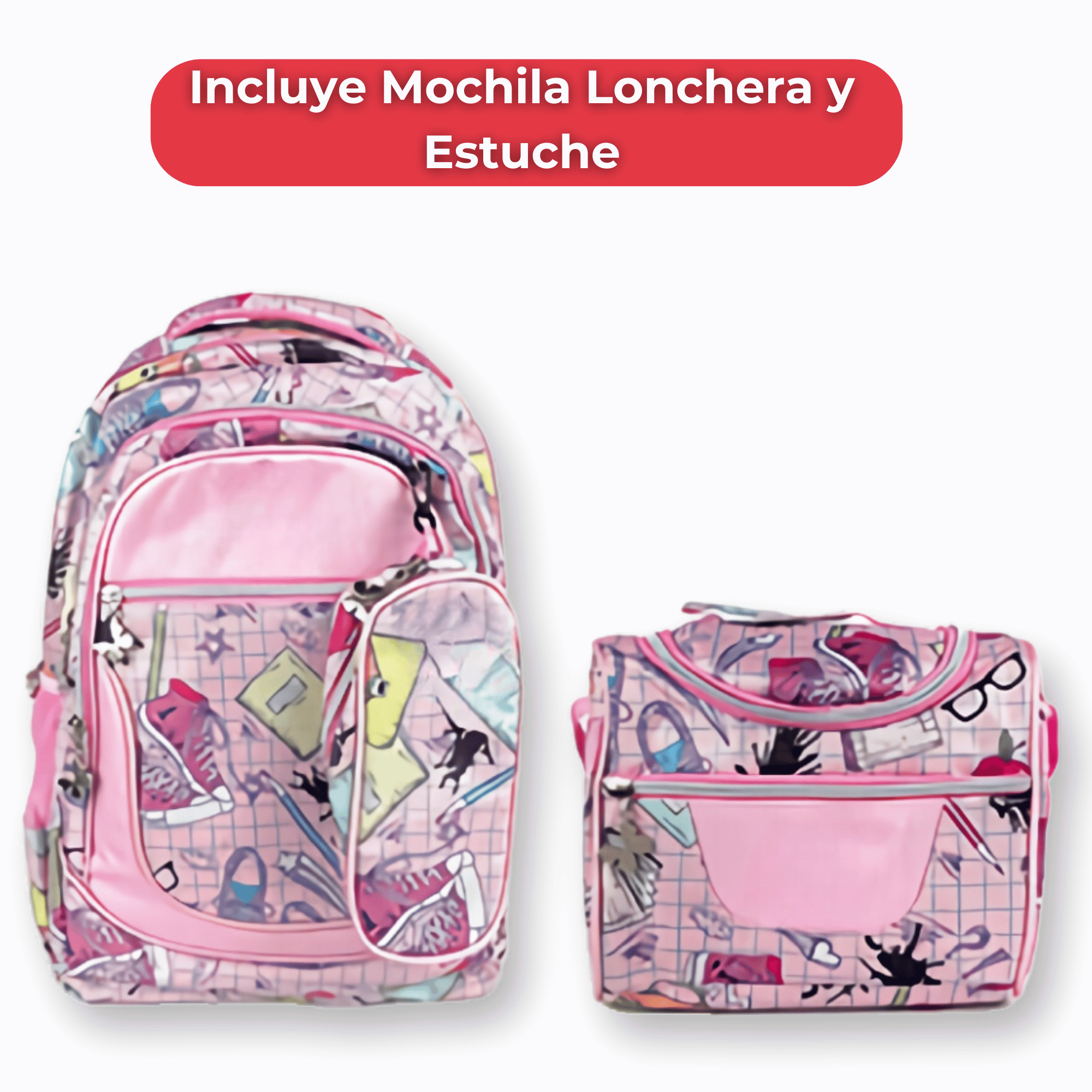 MOCHILA CON LONCHERA Y ESTUCHE 45CM DISEÑO ESTAMPADO NIÑA GEOMETRIC PINK - 3