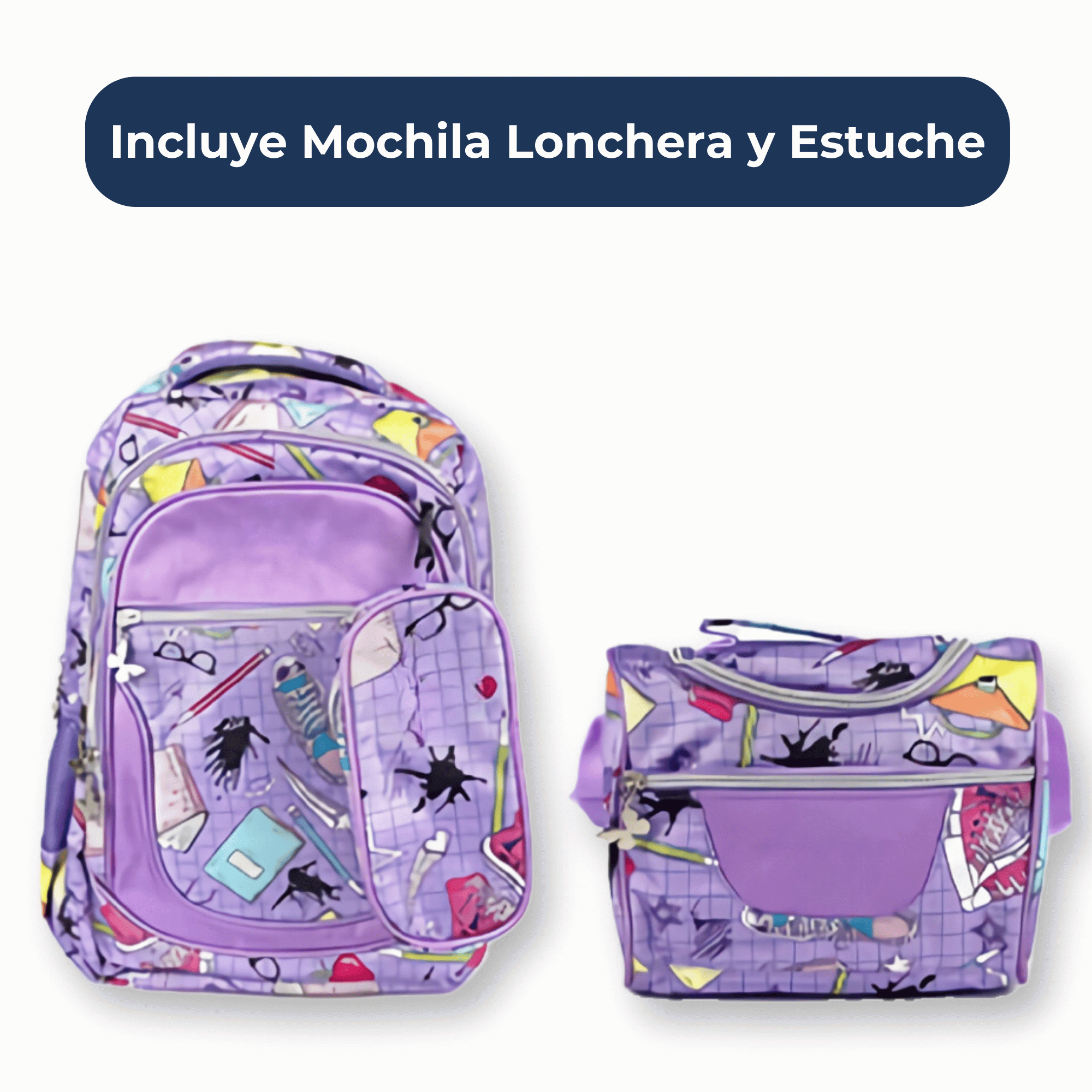 MOCHILA CON LONCHERA Y ESTUCHE 45CM DISEÑO ESTAMPADO NIÑA GEOMETRIC PURPURA - 3