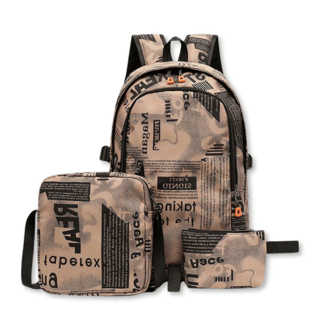 PACK MOCHILA LONCHERA ESTUCHE GRANDE 49CM JUVENIL Y ESCOLAR BEIGE - 1