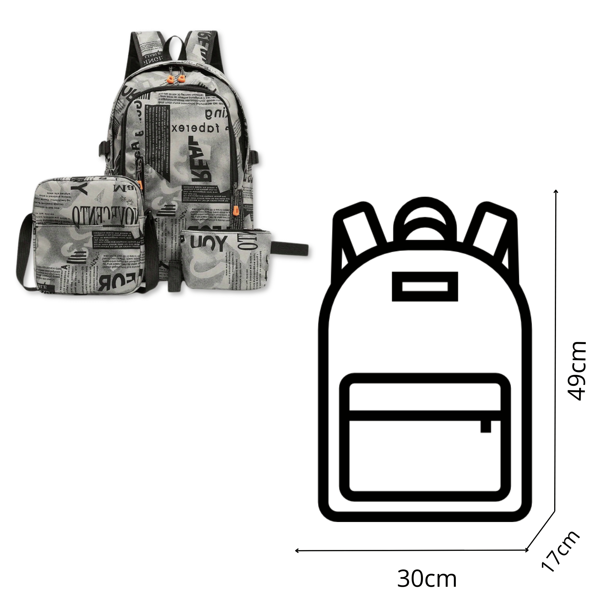 PACK MOCHILA LONCHERA ESTUCHE GRANDE 49CM JUVENIL Y ESCOLAR GREY - 2
