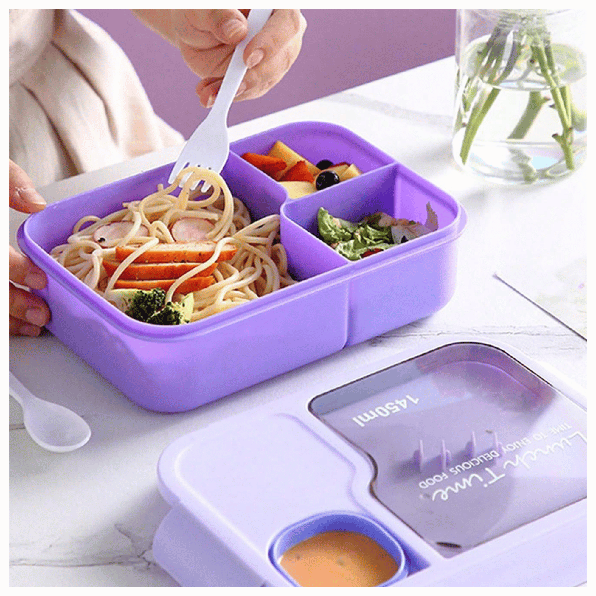 FIAMBRERA BENTO CONTENEDOR DE 1450 ML TÁPER HERMÉTICO + CUBIERTOS PLÁSTICO PURPLE - 1