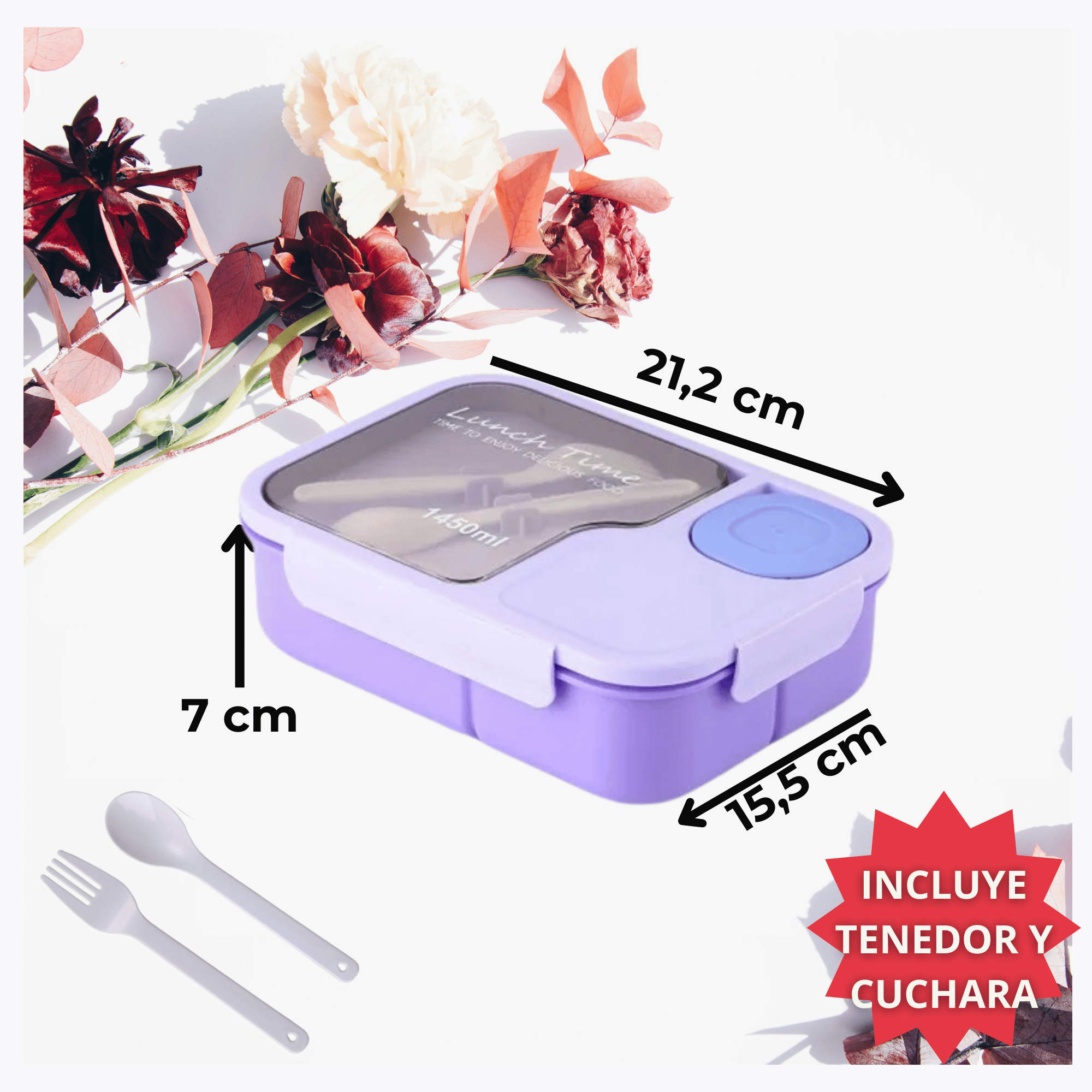 FIAMBRERA BENTO CONTENEDOR DE 1450 ML TÁPER HERMÉTICO + CUBIERTOS PLÁSTICO PURPLE - 2