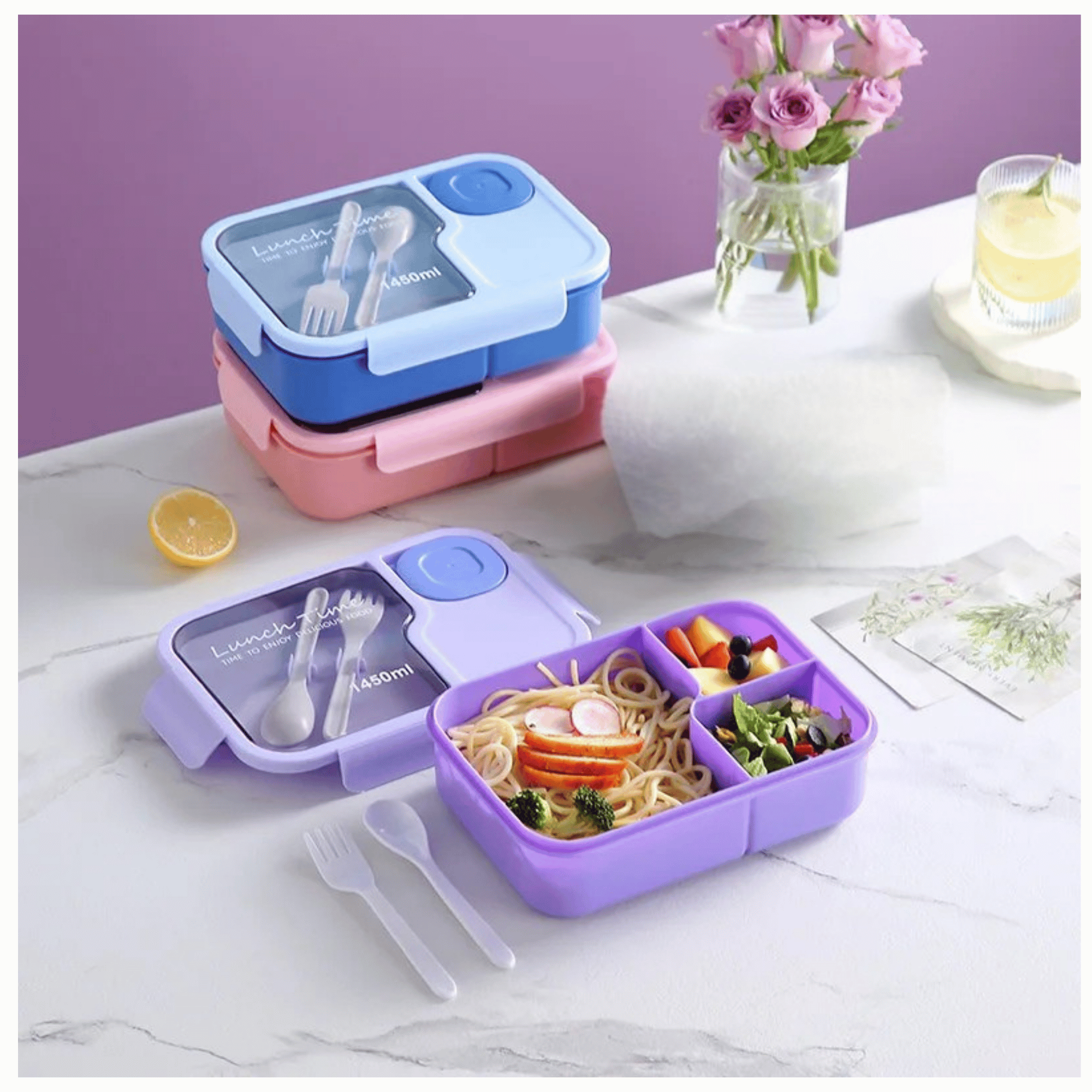 FIAMBRERA BENTO CONTENEDOR DE 1450 ML TÁPER HERMÉTICO + CUBIERTOS PLÁSTICO PURPLE - 3
