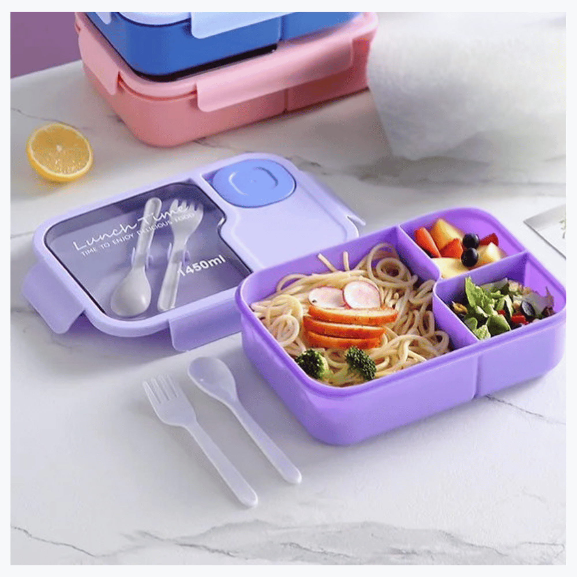 FIAMBRERA BENTO CONTENEDOR DE 1450 ML TÁPER HERMÉTICO + CUBIERTOS PLÁSTICO PURPLE - 4