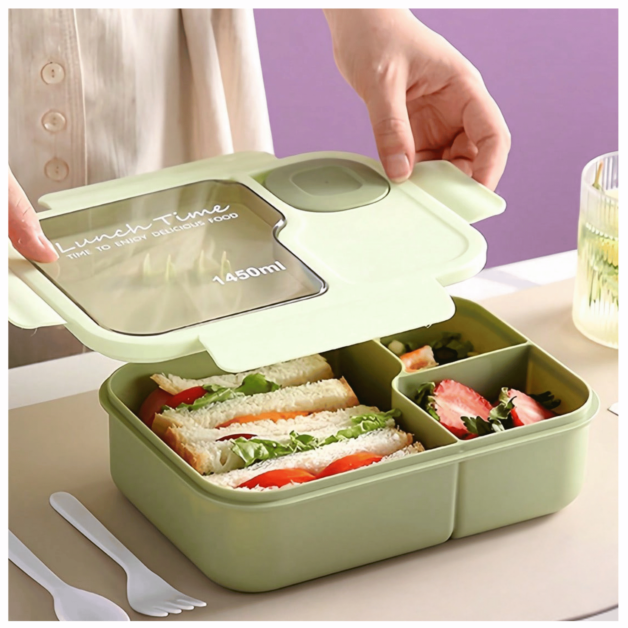 FIAMBRERA BENTO CONTENEDOR DE 1450 ML TÁPER HERMÉTICO + CUBIERTOS PLÁSTICO GREEN - 1