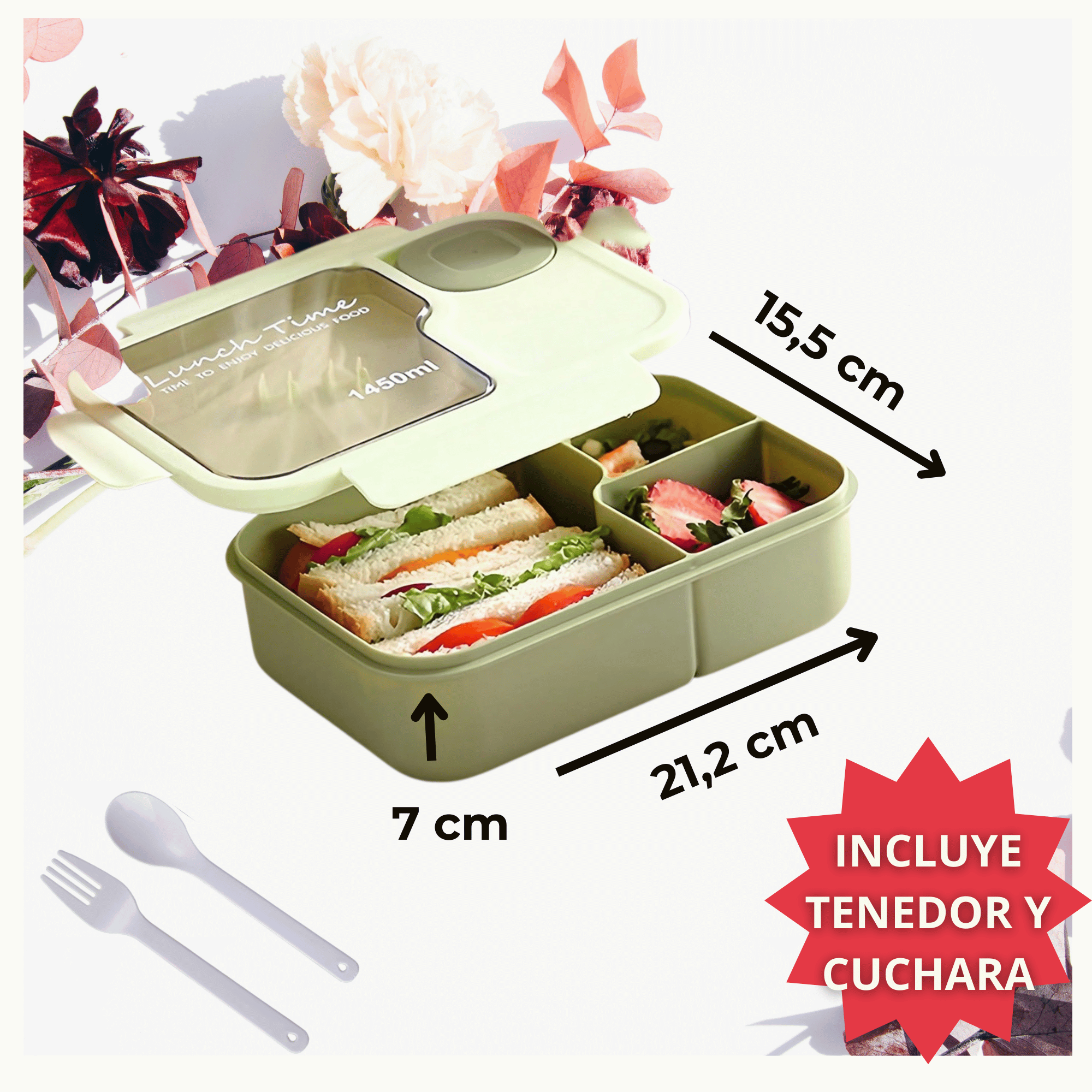 FIAMBRERA BENTO CONTENEDOR DE 1450 ML TÁPER HERMÉTICO + CUBIERTOS PLÁSTICO GREEN - 2