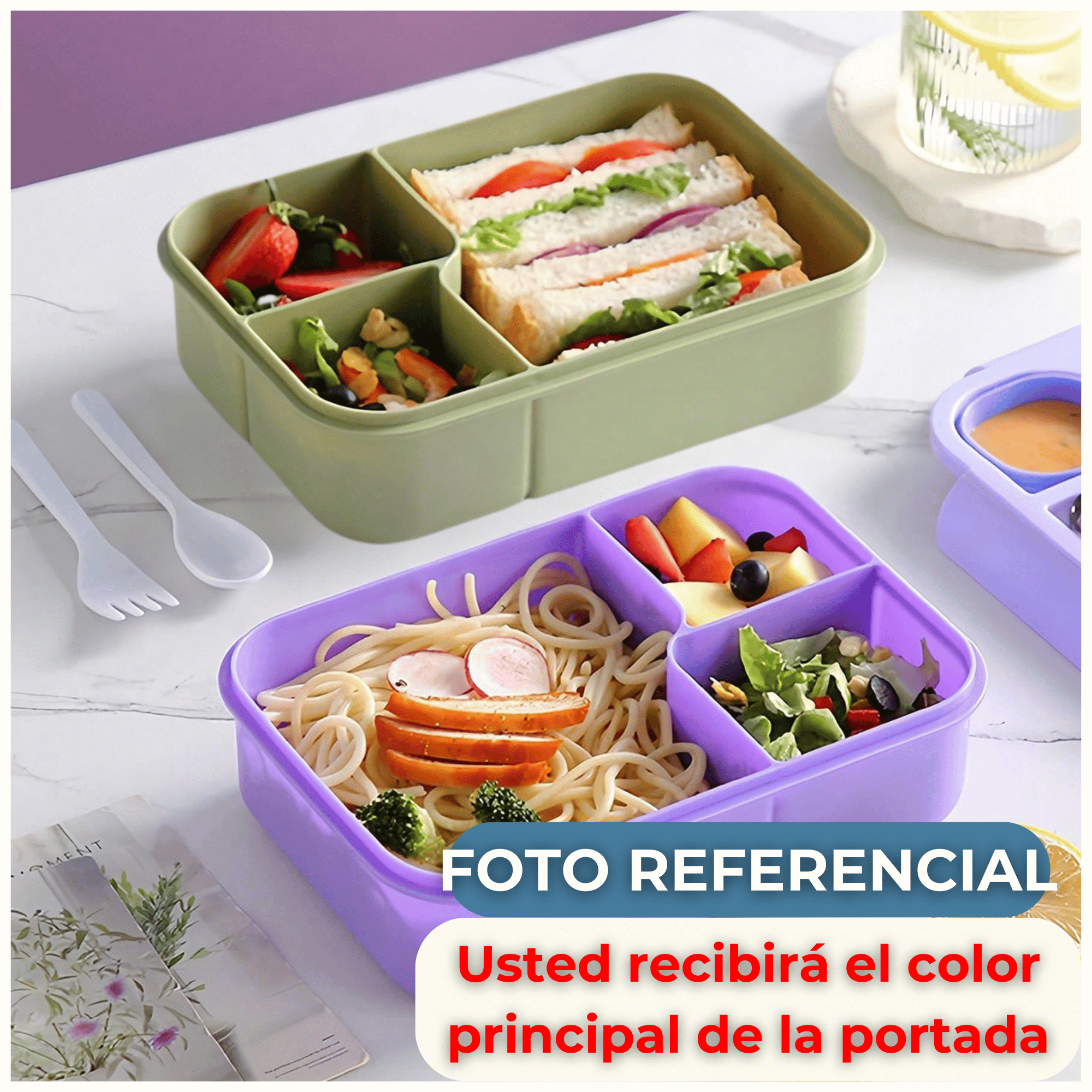 FIAMBRERA BENTO CONTENEDOR DE 1450 ML TÁPER HERMÉTICO + CUBIERTOS PLÁSTICO GREEN - 5