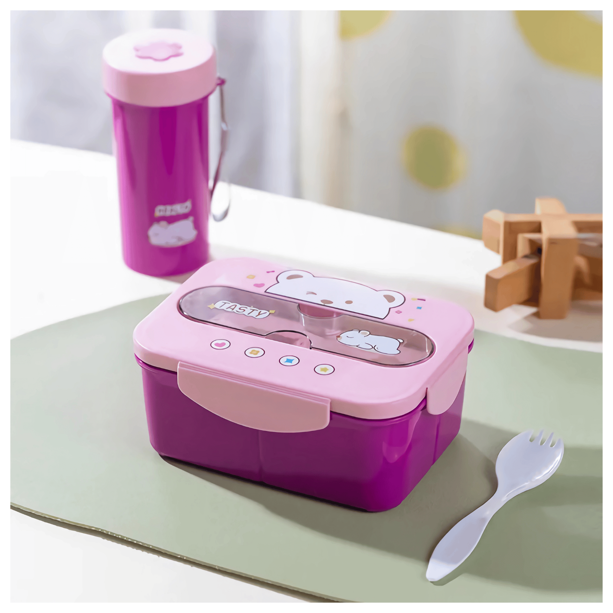FIAMBRERA CONTENEDOR OSITO 1200 ML TÁPER HERMÉTICO + CUBIERTOS Y VASO INFANTIL PINK - 1