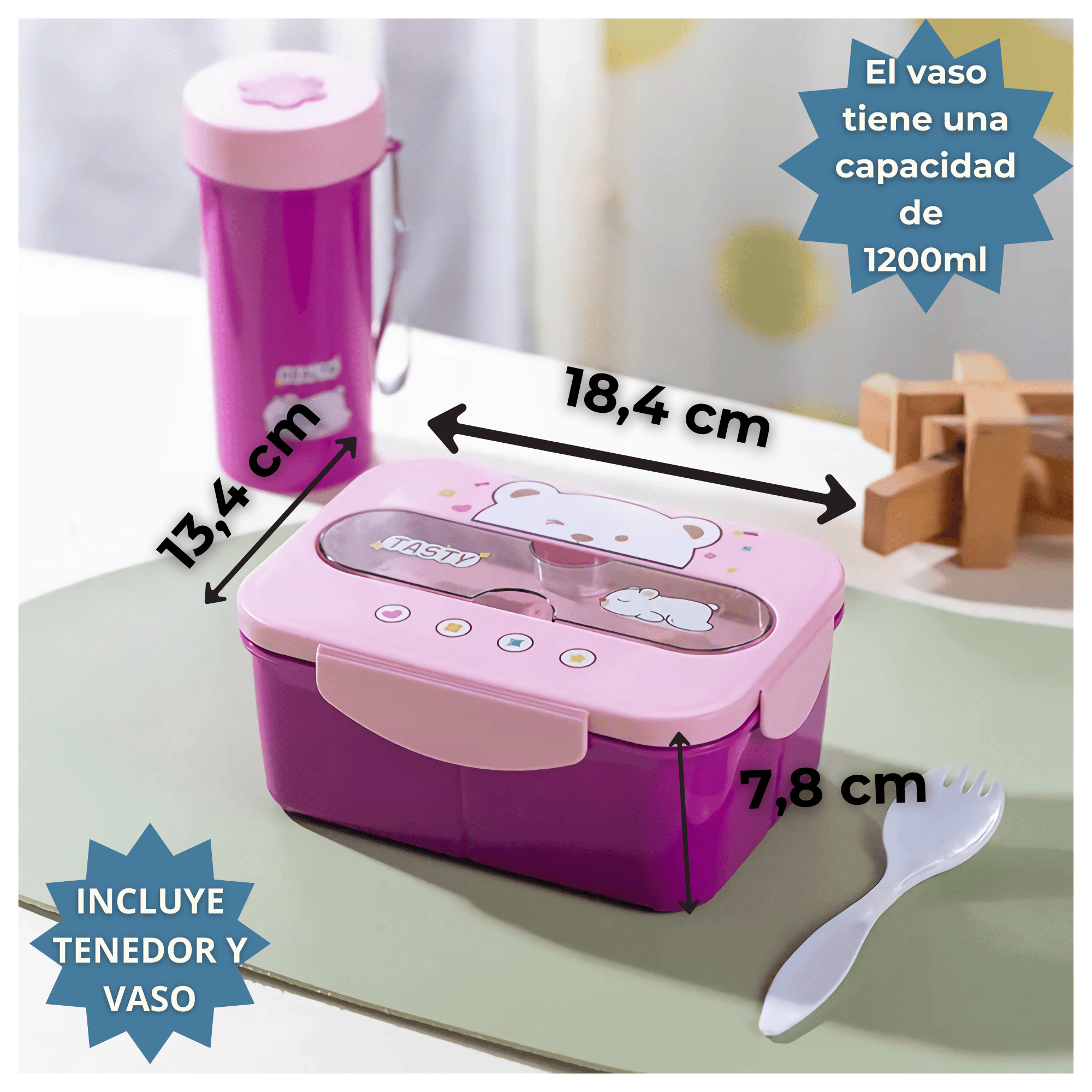 FIAMBRERA CONTENEDOR OSITO 1200 ML TÁPER HERMÉTICO + CUBIERTOS Y VASO INFANTIL PINK - 2