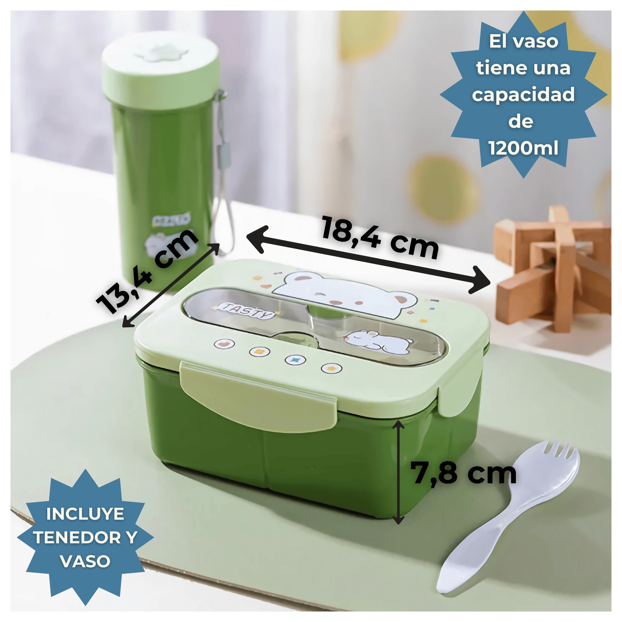 FIAMBRERA CONTENEDOR OSITO 1200 ML TÁPER HERMÉTICO + CUBIERTOS Y VASO INFANTIL GREEN - 2