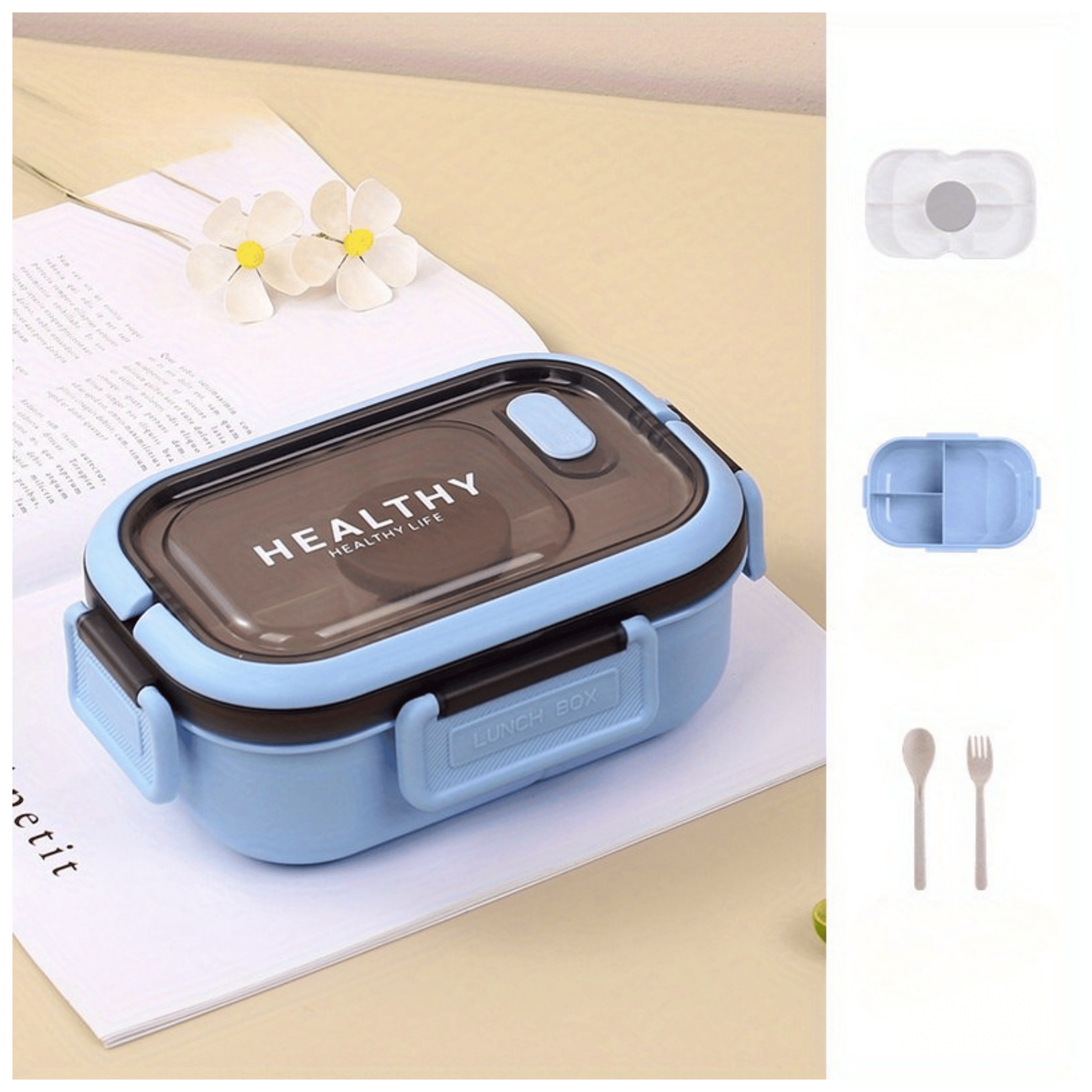 FIAMBRERA CONTENEDOR 1200 ML BENTO BOX TÁPER HERMÉTICO + SALSERA PLÁSTICO BLUE - 1