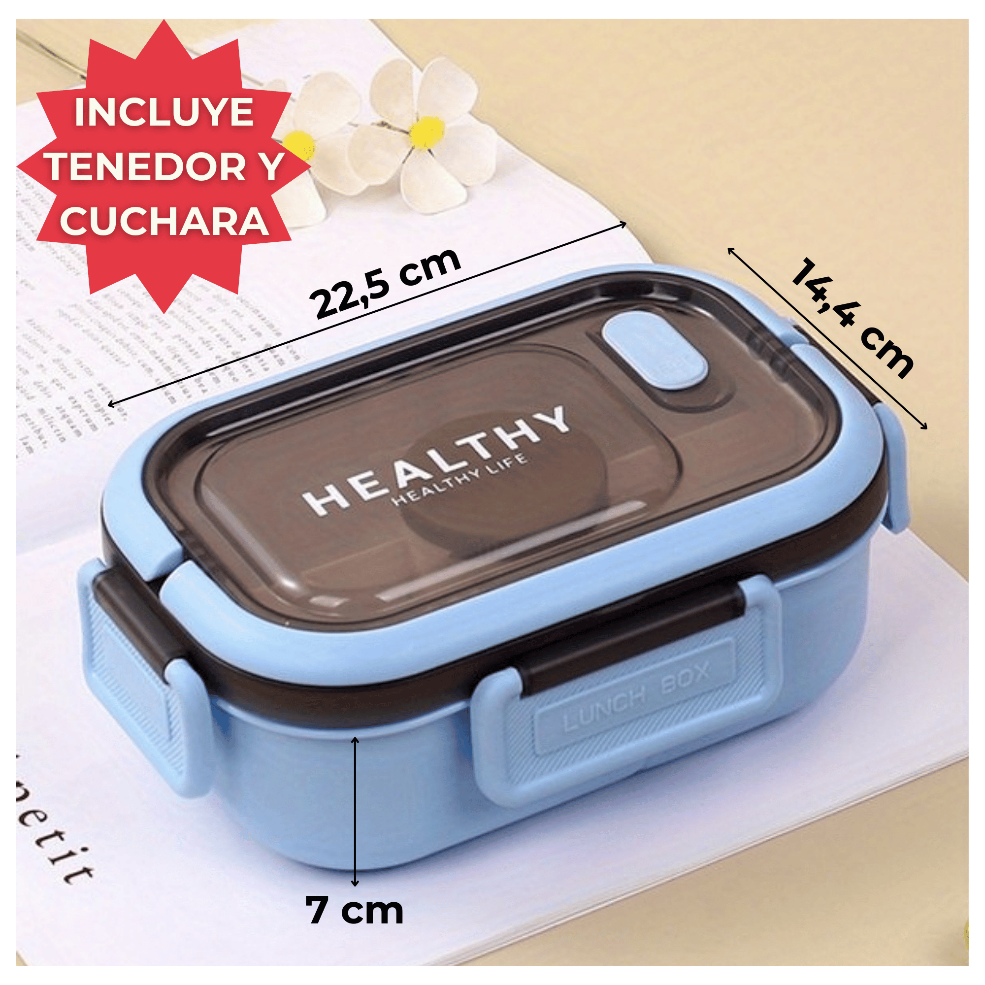 FIAMBRERA CONTENEDOR 1200 ML BENTO BOX TÁPER HERMÉTICO + SALSERA PLÁSTICO BLUE - 2