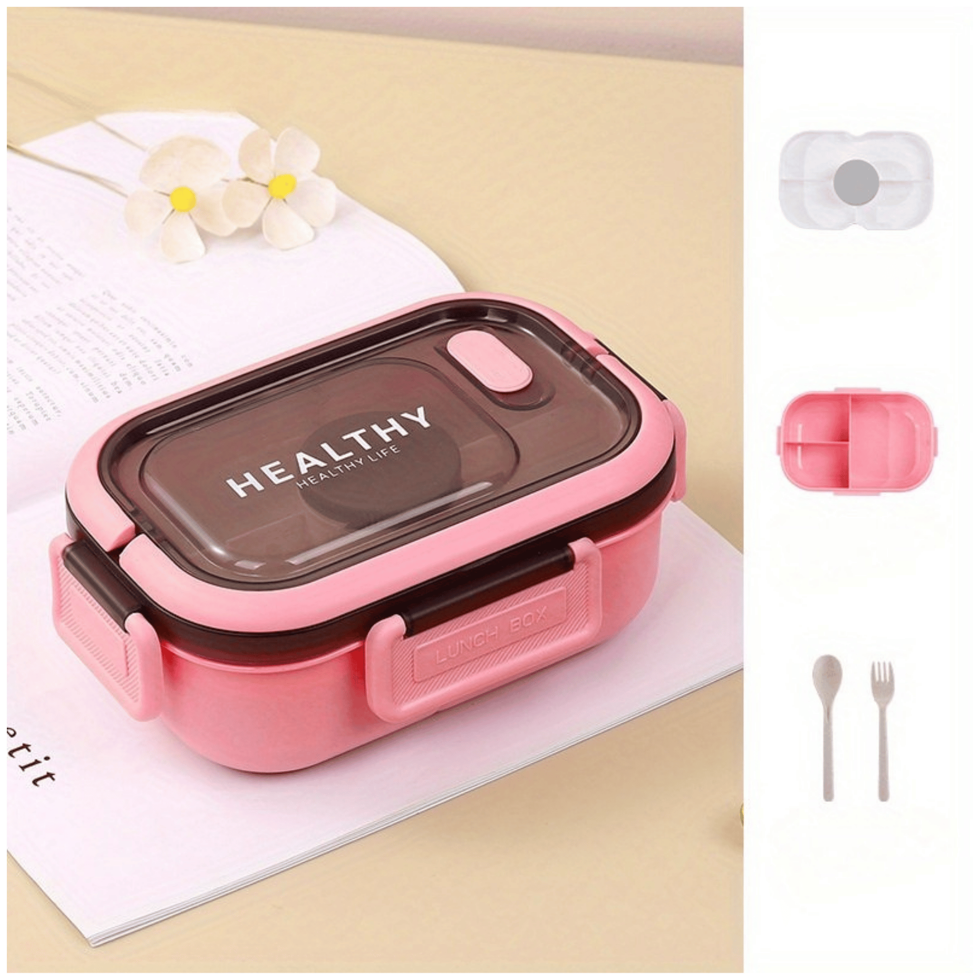 FIAMBRERA CONTENEDOR 1200 ML BENTO BOX TÁPER HERMÉTICO + SALSERA PLÁSTICO PINK - 1