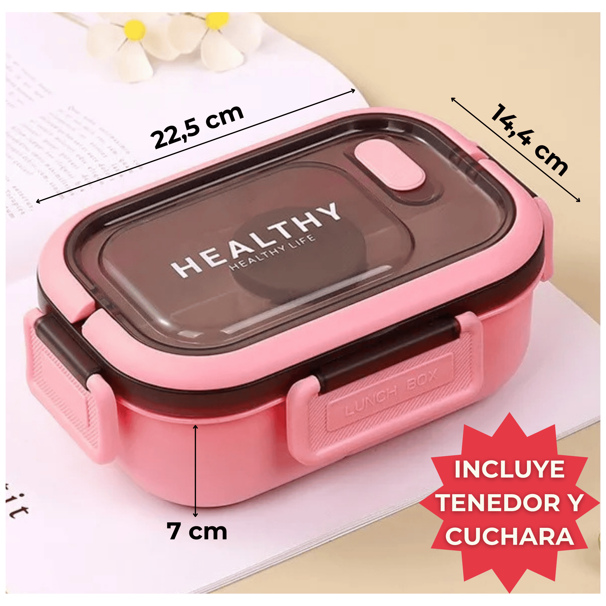FIAMBRERA CONTENEDOR 1200 ML BENTO BOX TÁPER HERMÉTICO + SALSERA PLÁSTICO PINK - 2