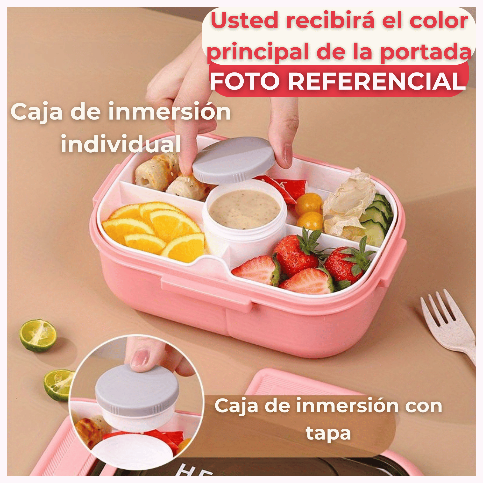 FIAMBRERA CONTENEDOR 1200 ML BENTO BOX TÁPER HERMÉTICO + SALSERA PLÁSTICO PINK - 4