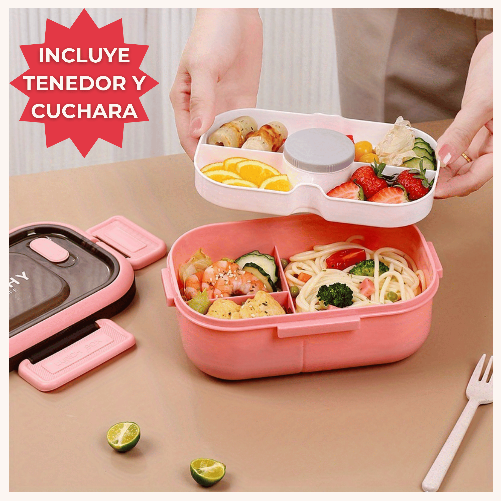 FIAMBRERA CONTENEDOR 1200 ML BENTO BOX TÁPER HERMÉTICO + SALSERA PLÁSTICO PINK - 5
