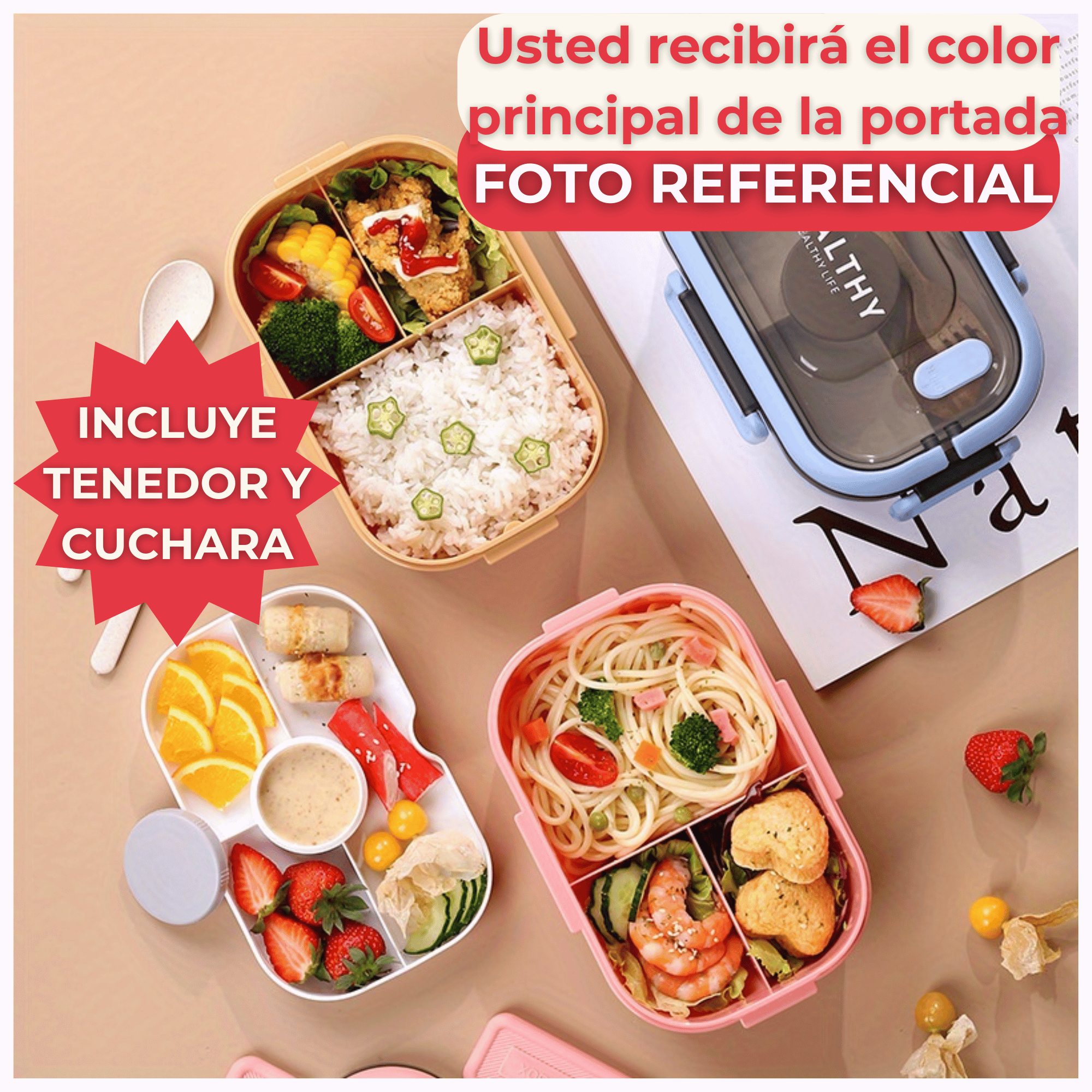 FIAMBRERA CONTENEDOR 1200 ML BENTO BOX TÁPER HERMÉTICO + SALSERA PLÁSTICO PINK - 6