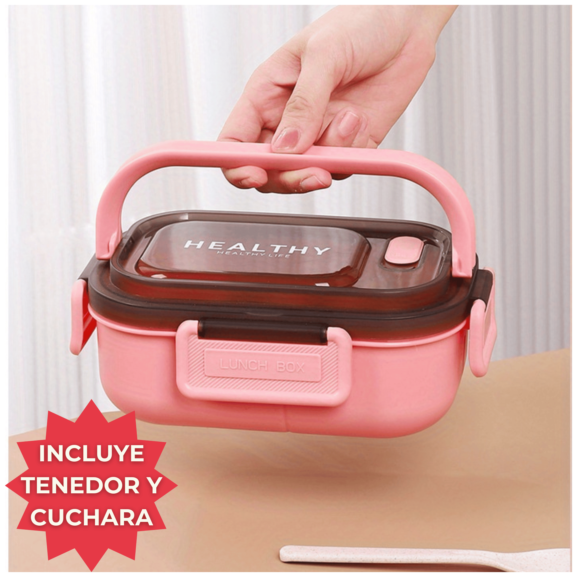 FIAMBRERA CONTENEDOR 1200 ML BENTO BOX TÁPER HERMÉTICO + SALSERA PLÁSTICO PINK - 7